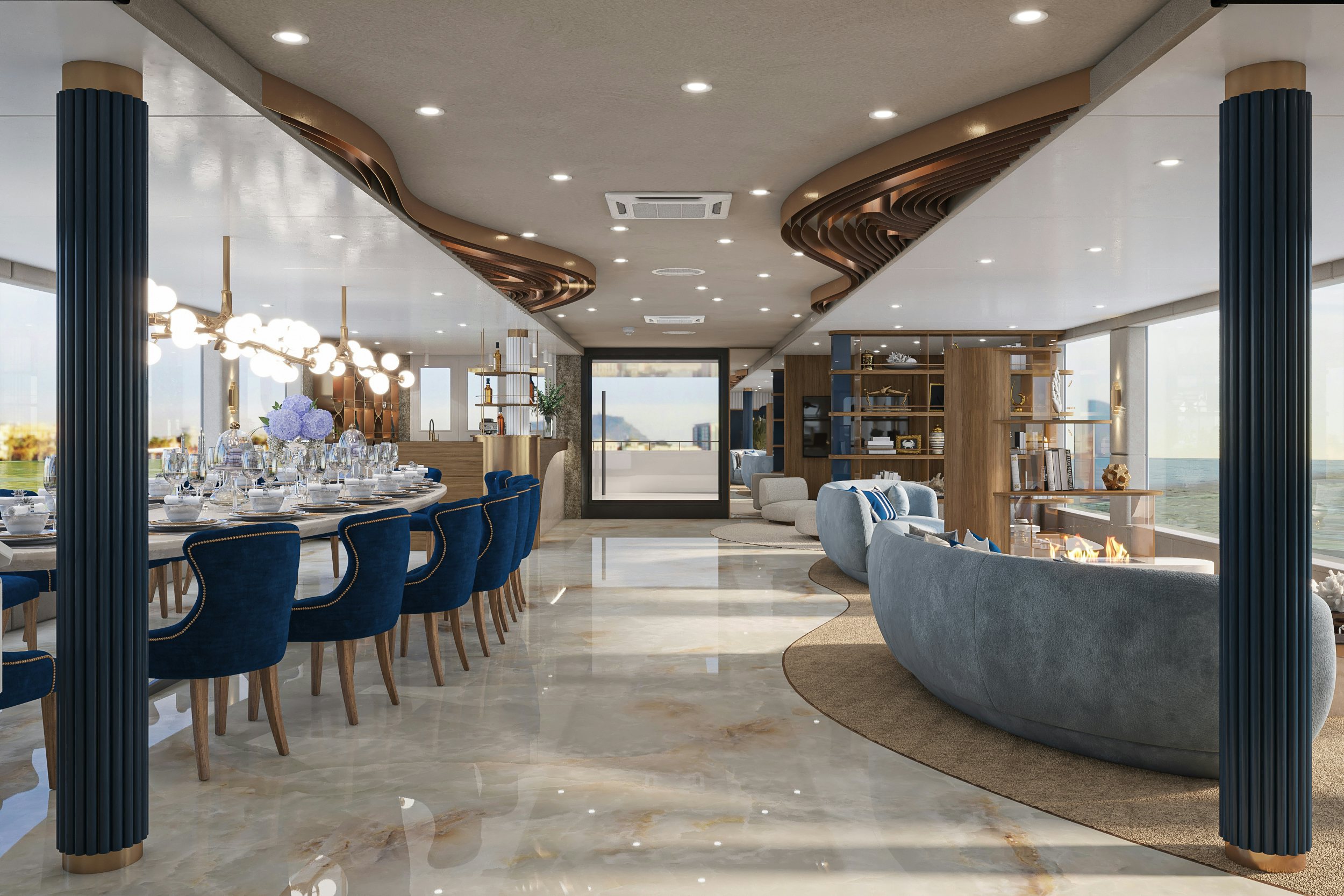 a room with tables and chairs aboard BELLA Yacht for Charter