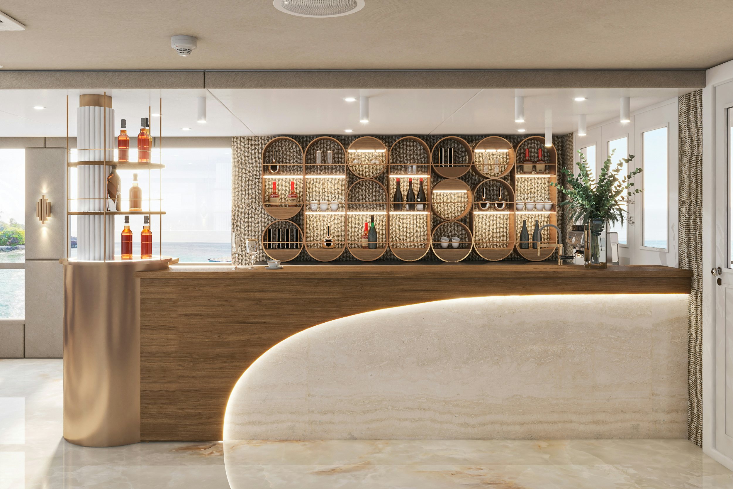 a large bar with many glasses on display aboard BELLA Yacht for Charter