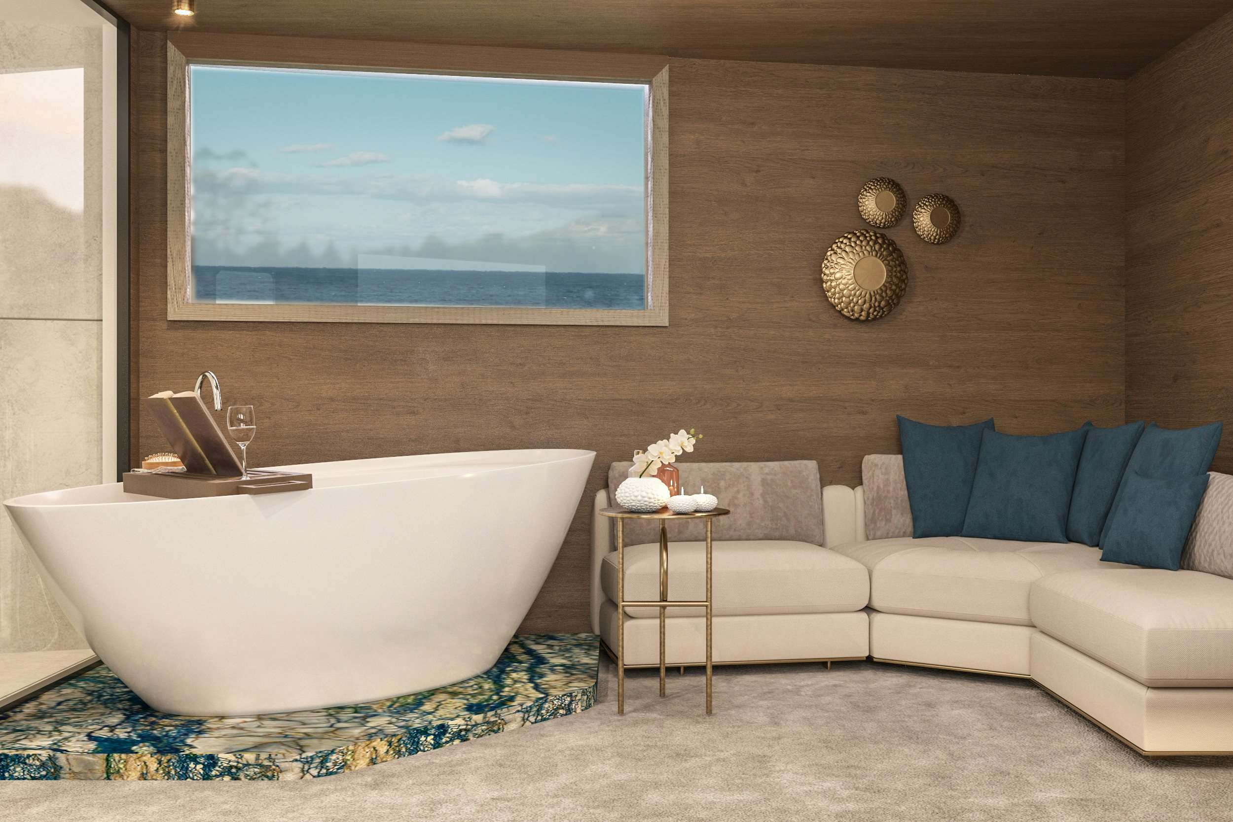 a modern looking bathroom with a large white bathtub aboard BELLA Yacht for Charter