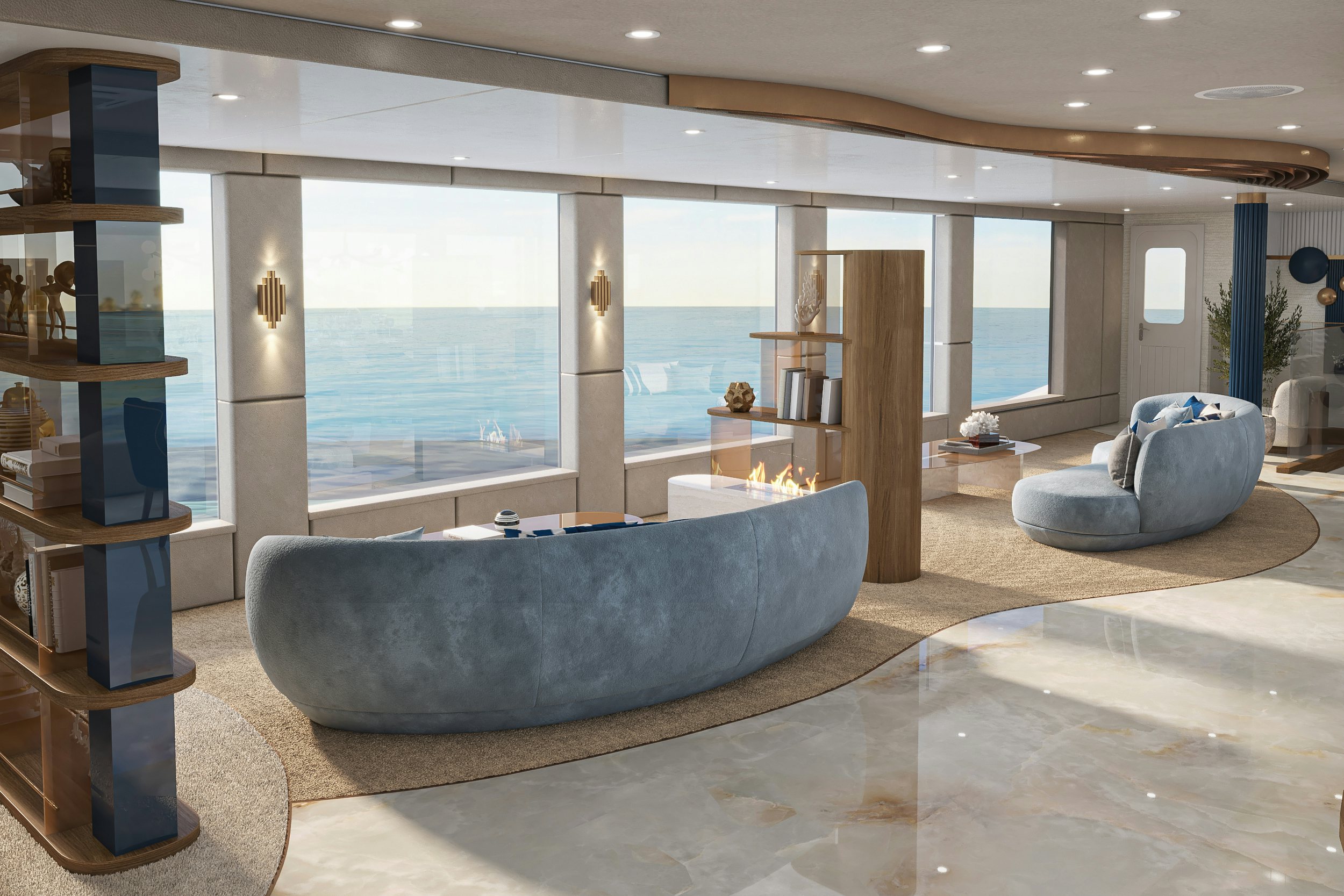 a large room with a large glass window and a large blue couch aboard BELLA Yacht for Charter