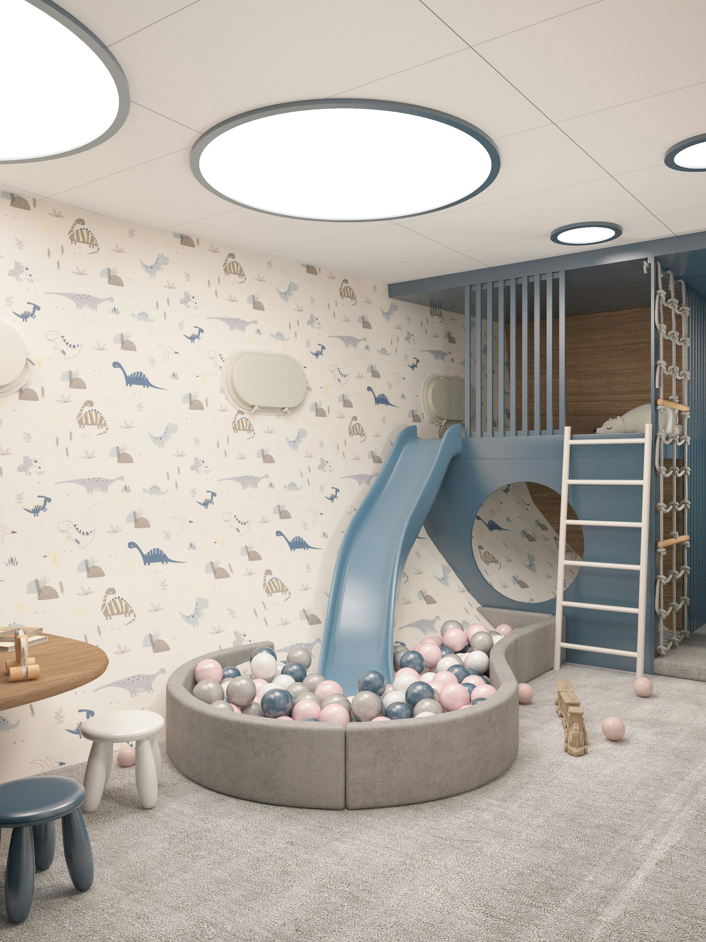 a blue and white play structure aboard BELLA Yacht for Charter