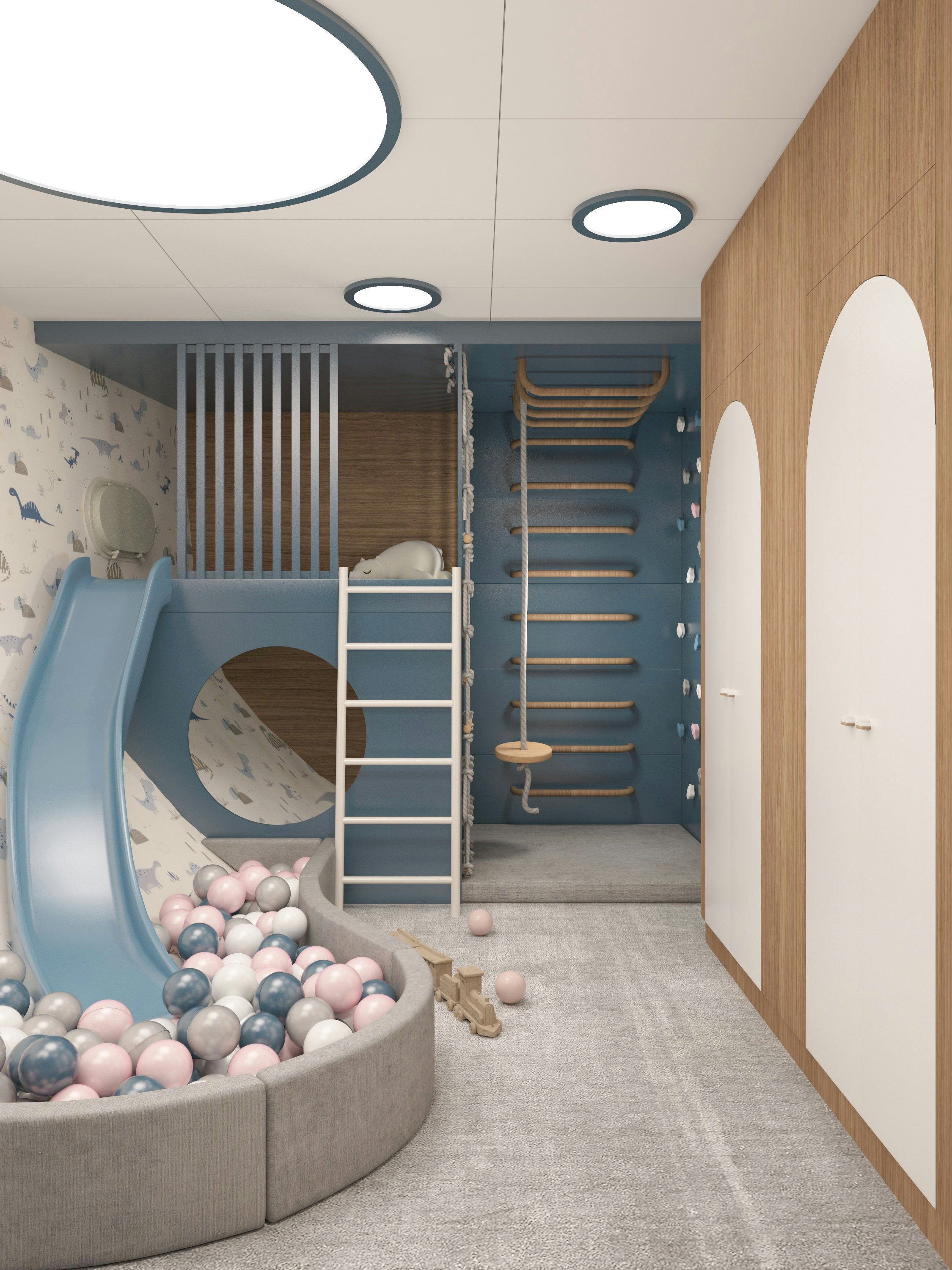 a room with a blue staircase and a large blue staircase aboard BELLA Yacht for Charter