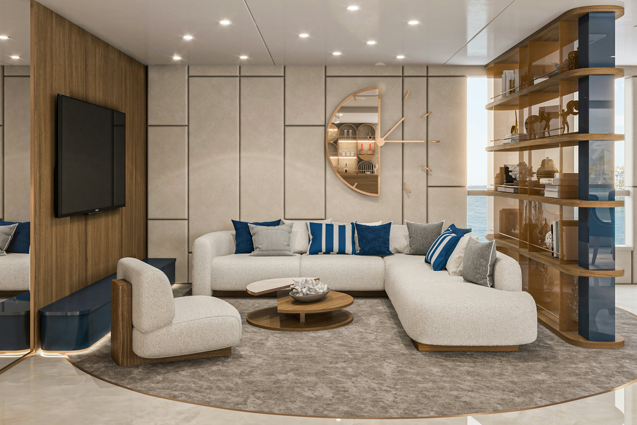 a living room with a large mirror aboard BELLA Yacht for Charter