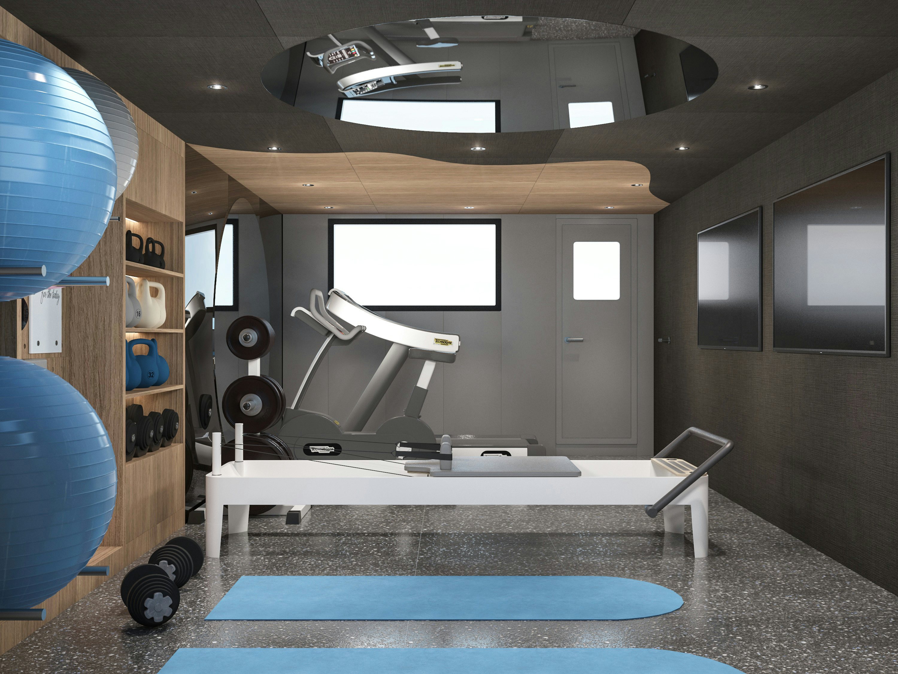 a room with a large mirror and a blue mat aboard BELLA Yacht for Charter