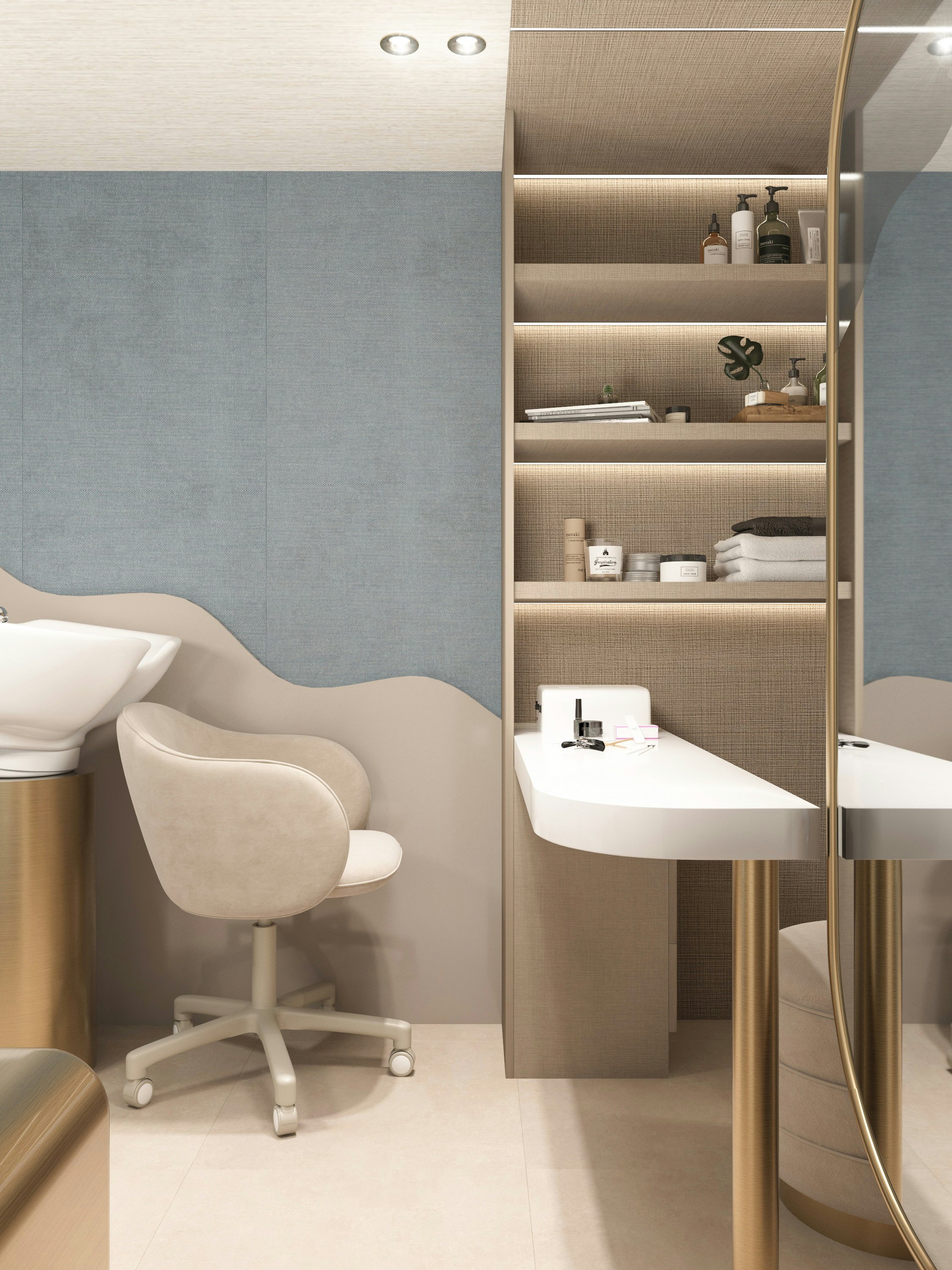 a white desk in a room aboard BELLA Yacht for Charter