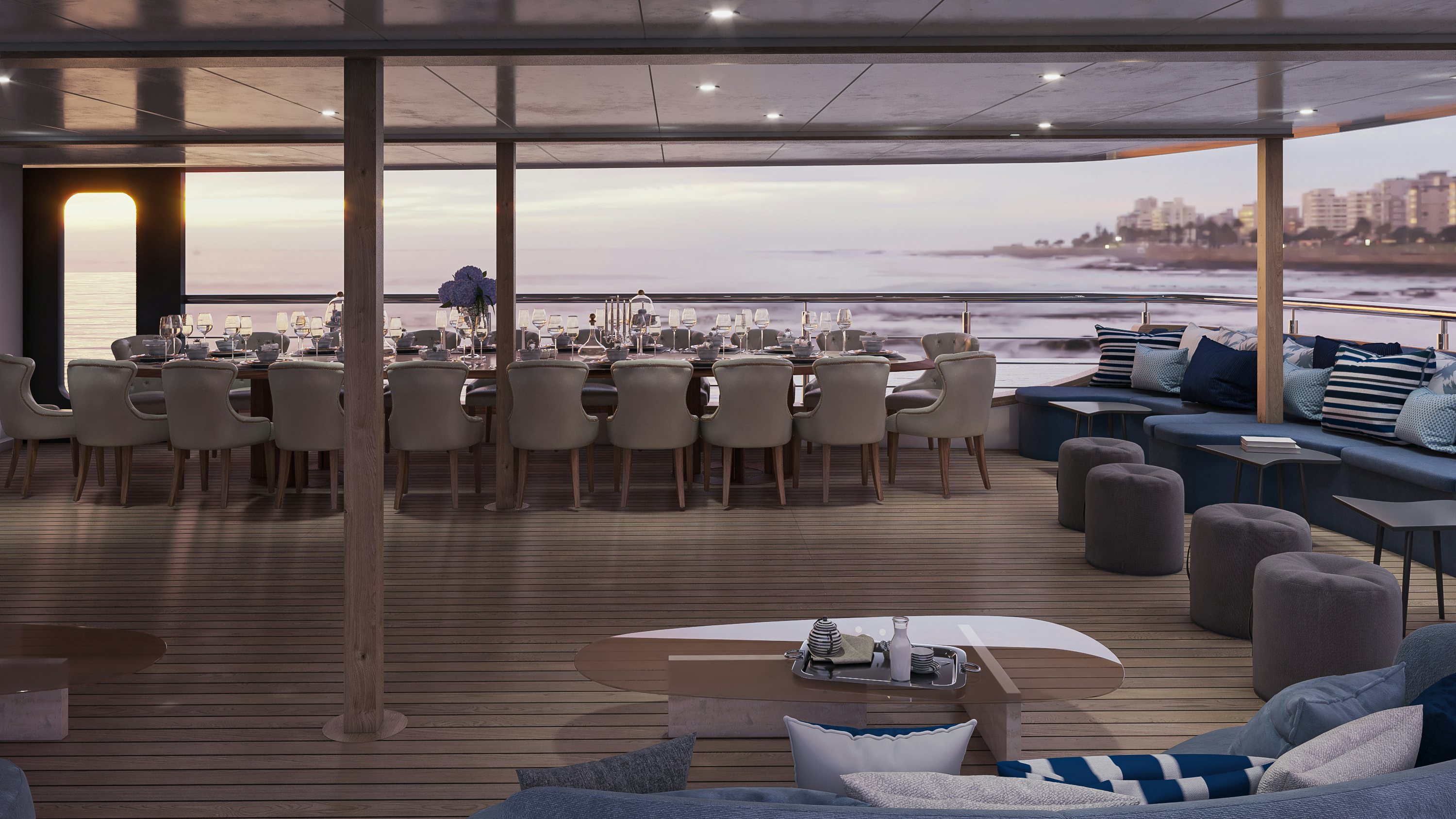 a large patio with tables and chairs aboard BELLA Yacht for Charter