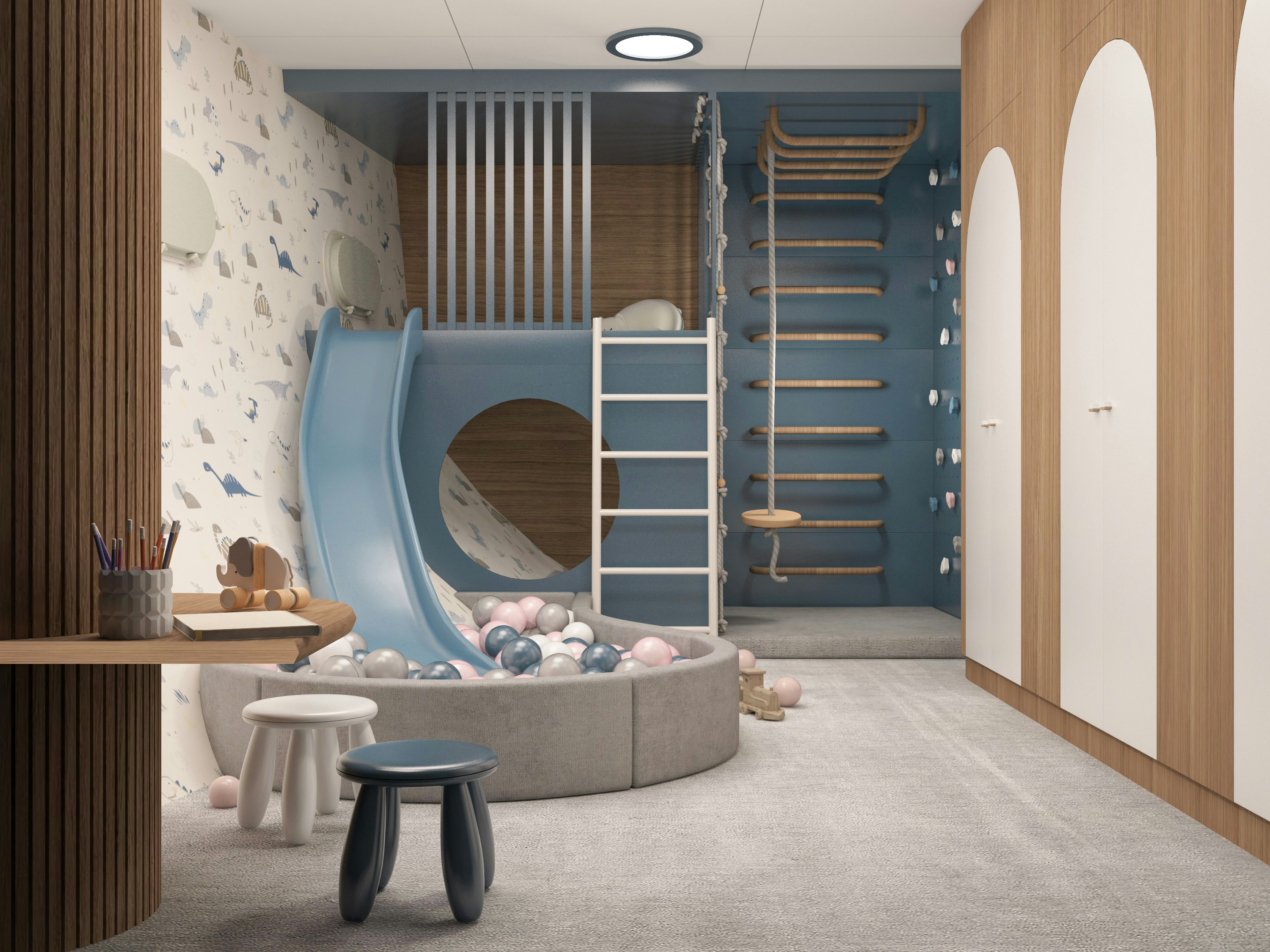 a room with a blue wall and a shelf with a rug aboard BELLA Yacht for Charter