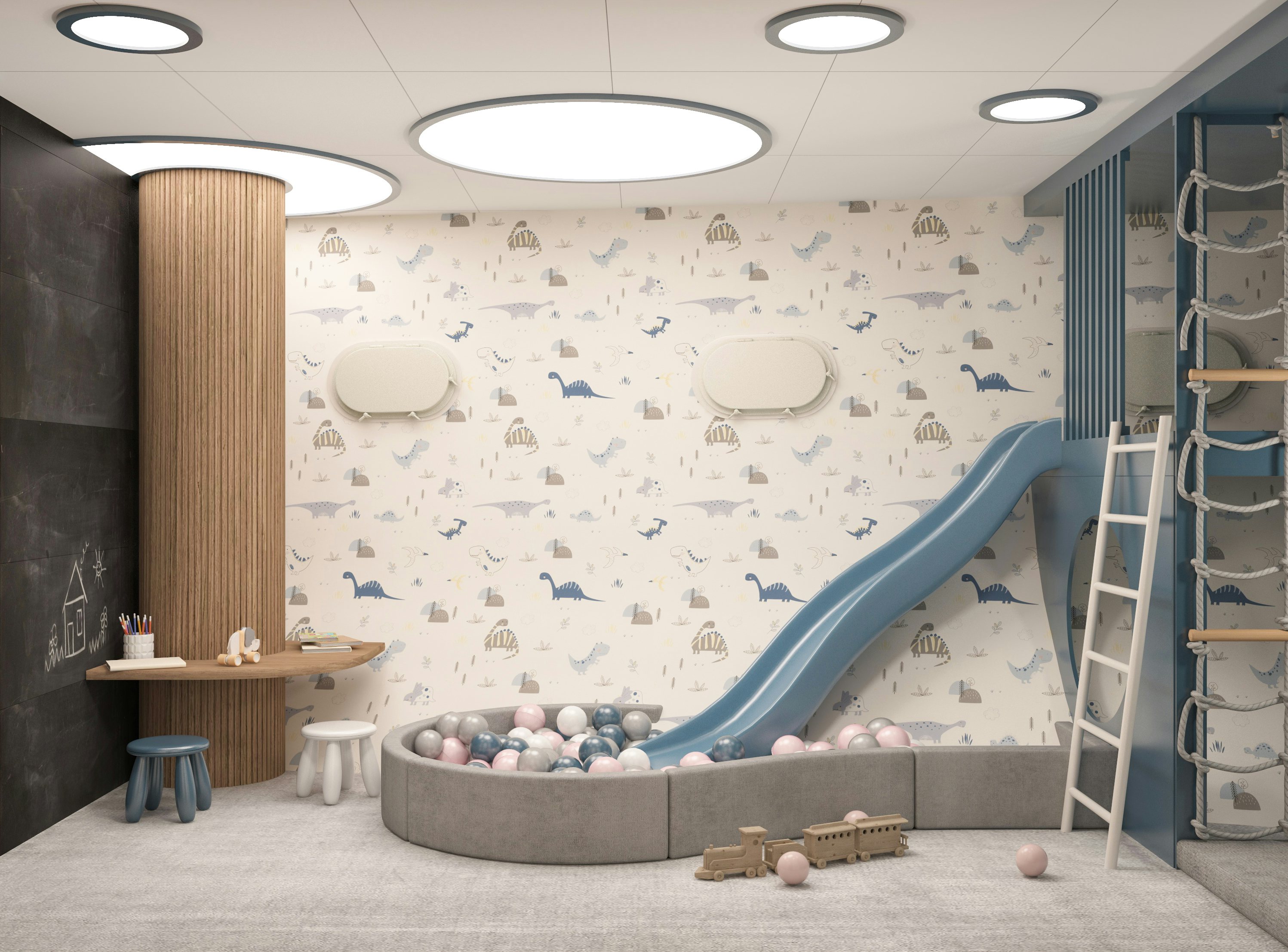 a room with a large bed and a table and a ladder aboard BELLA Yacht for Charter