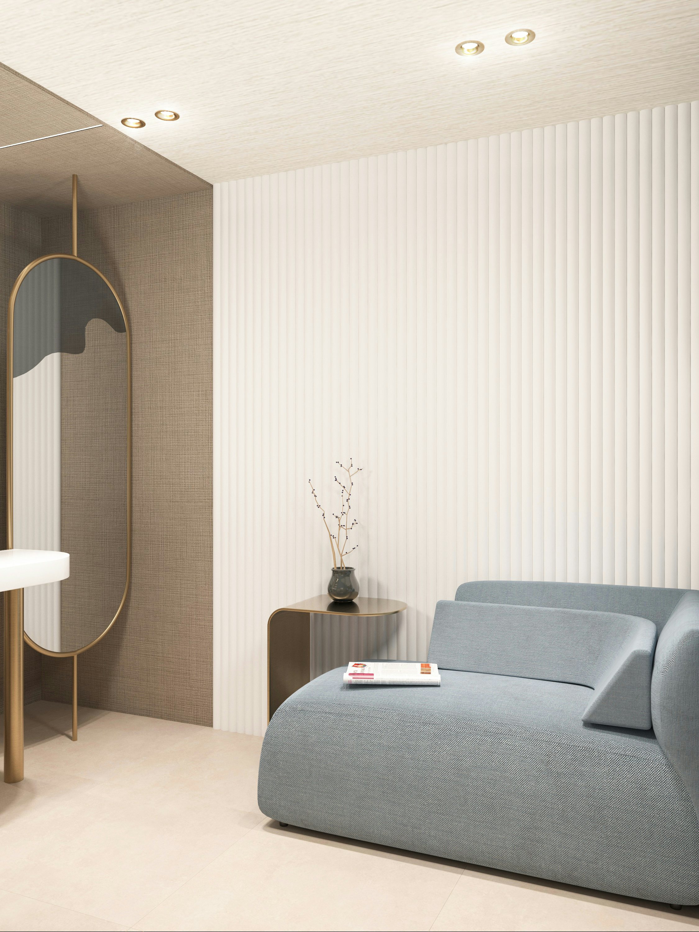 a room with a couch and a mirror aboard BELLA Yacht for Charter