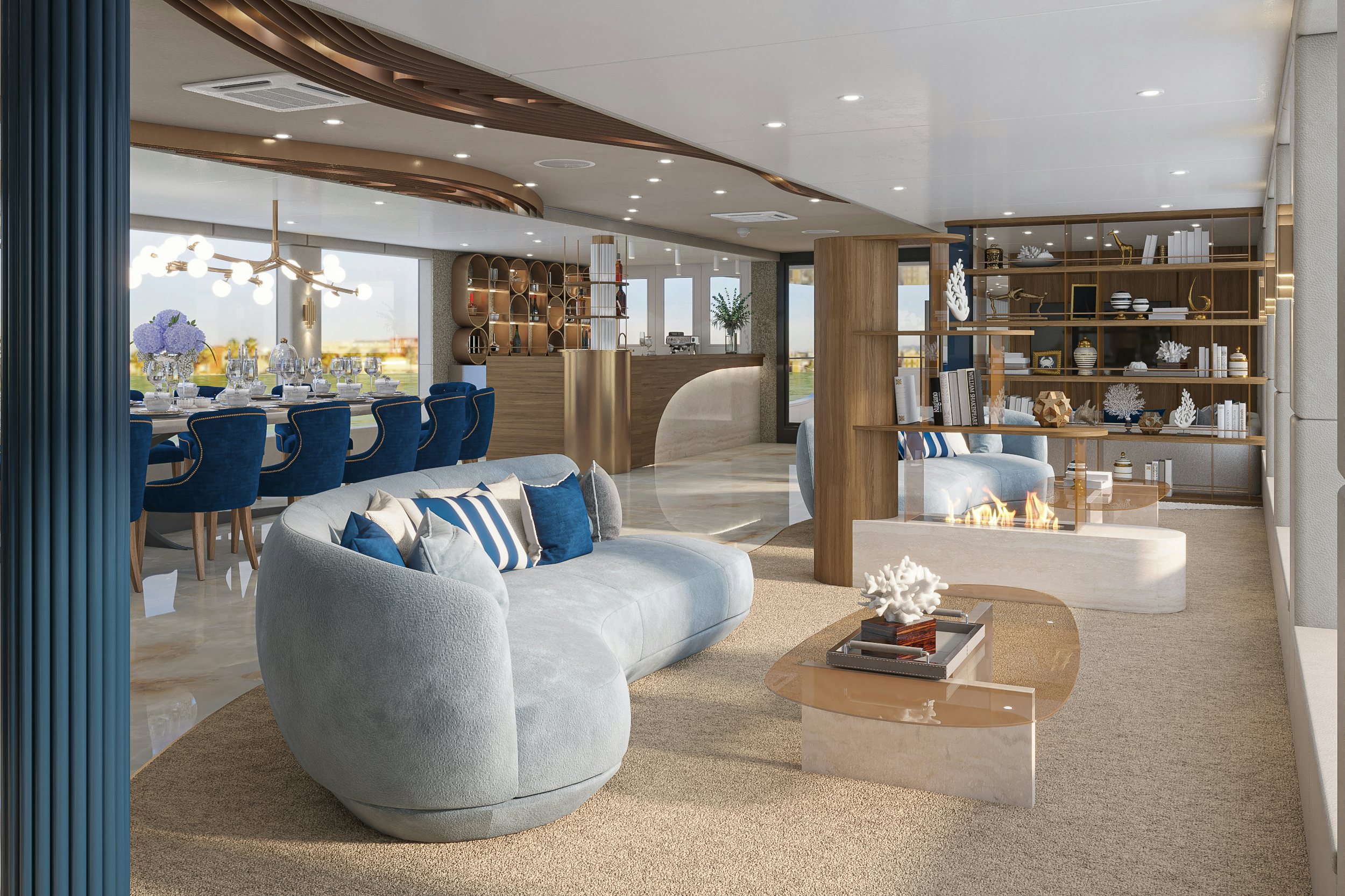 a living room with a large window aboard BELLA Yacht for Charter