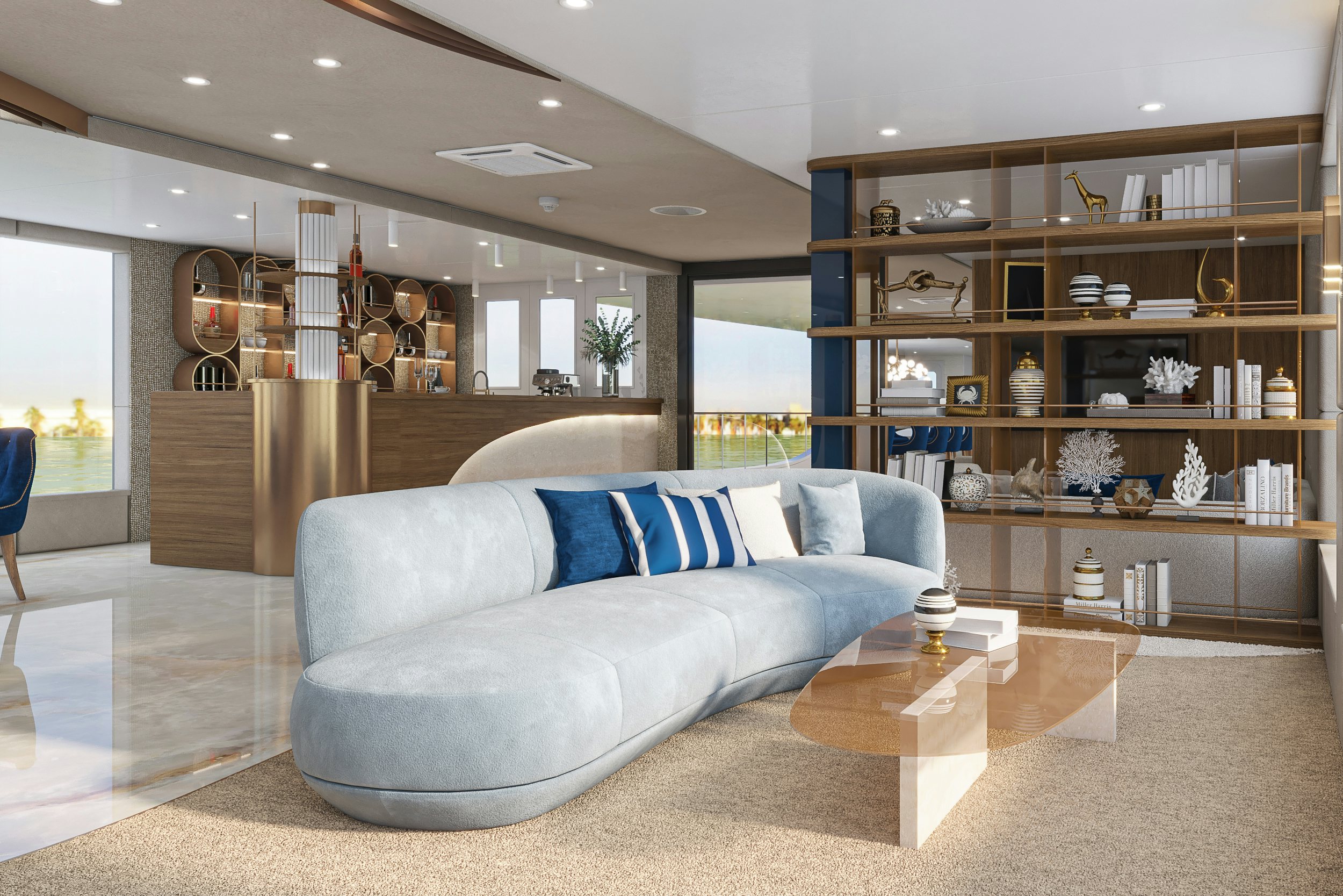 a living room with a blue couch aboard BELLA Yacht for Charter