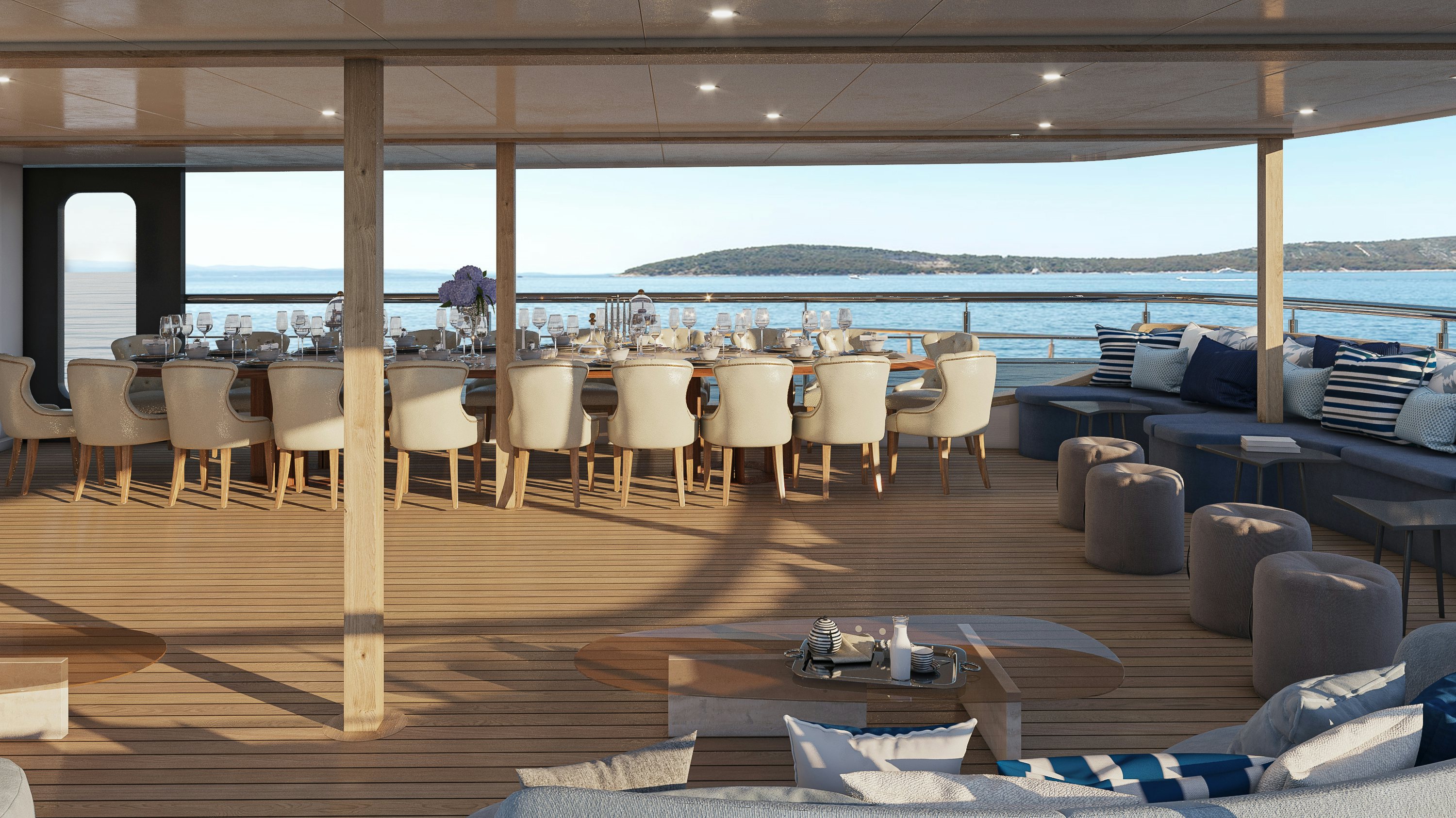 a room with tables and chairs aboard BELLA Yacht for Charter