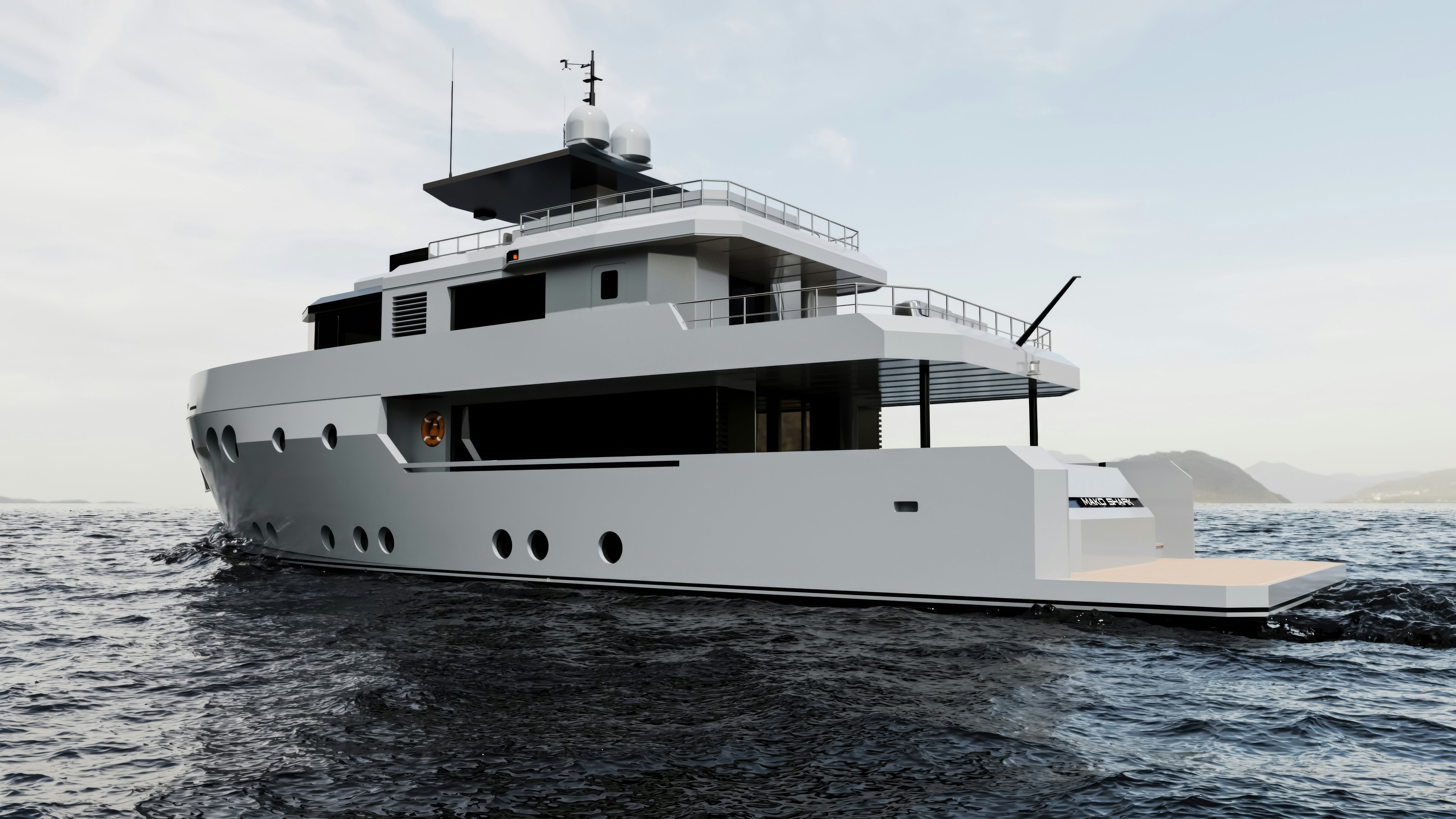 a large white boat in the water aboard PROJECT MAKO SHARK Yacht for Sale
