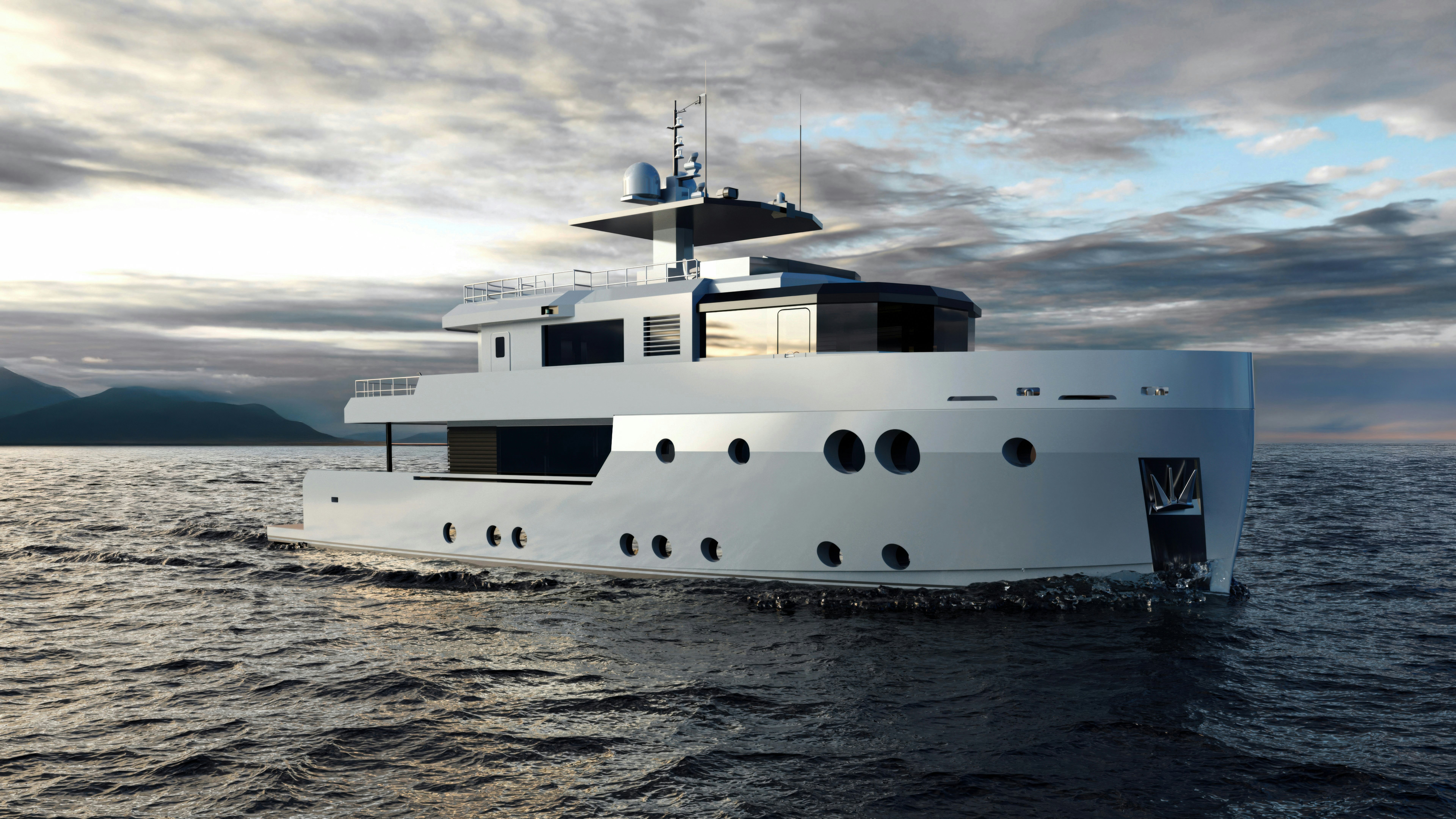 a white boat in the water aboard PROJECT MAKO SHARK Yacht for Sale