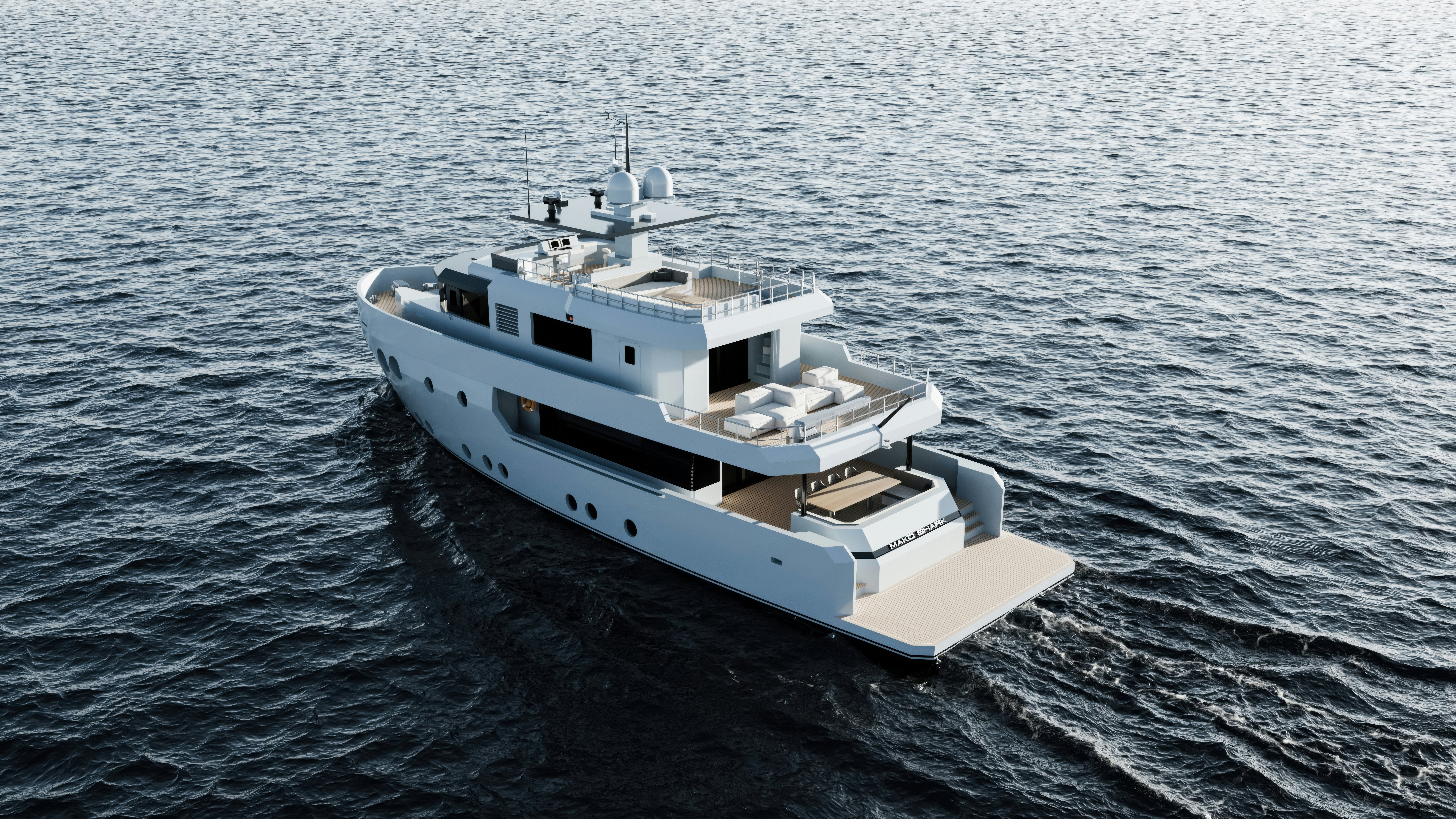 a white boat in the water aboard PROJECT MAKO SHARK Yacht for Sale