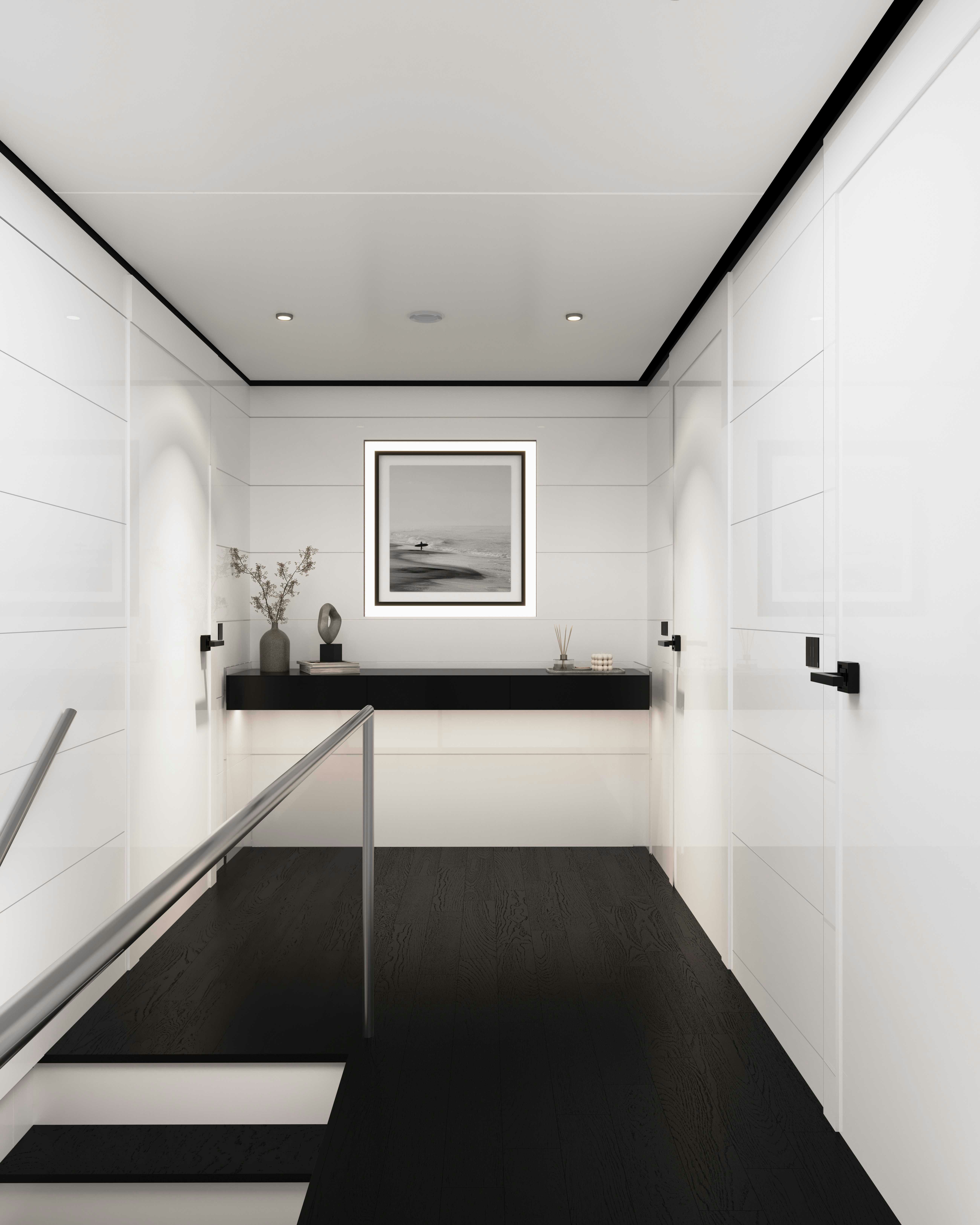 a long hallway with a sink and a mirror aboard PROJECT MAKO SHARK Yacht for Sale