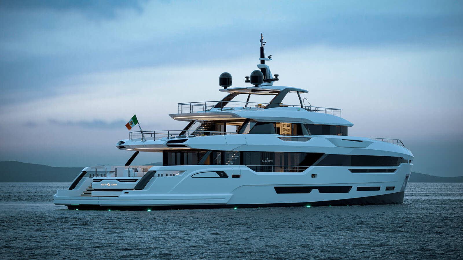 a large white yacht in the water aboard PERLA BIANCA Yacht for Sale