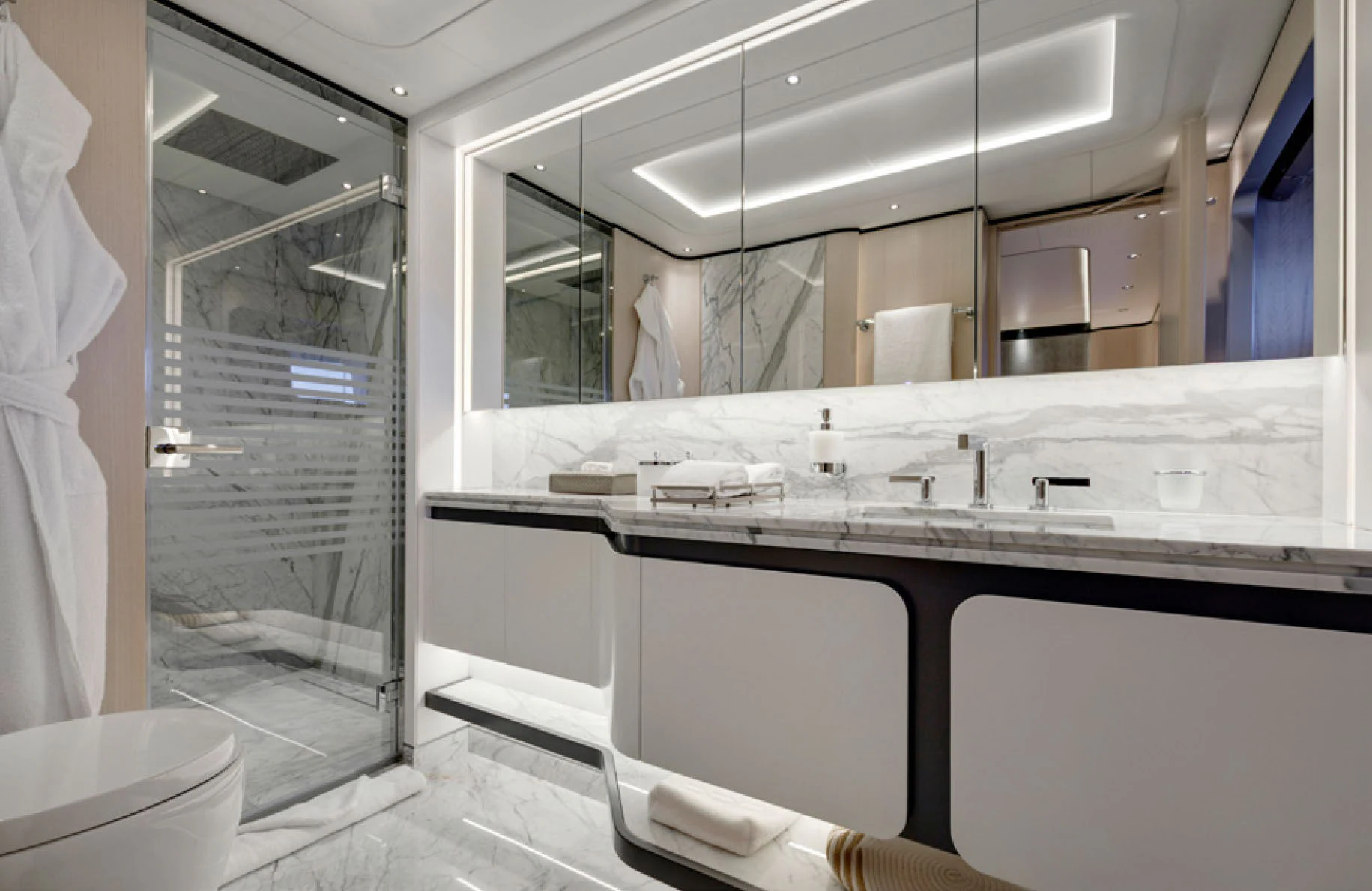 a bathroom with a large mirror aboard PERLA BIANCA Yacht for Charter