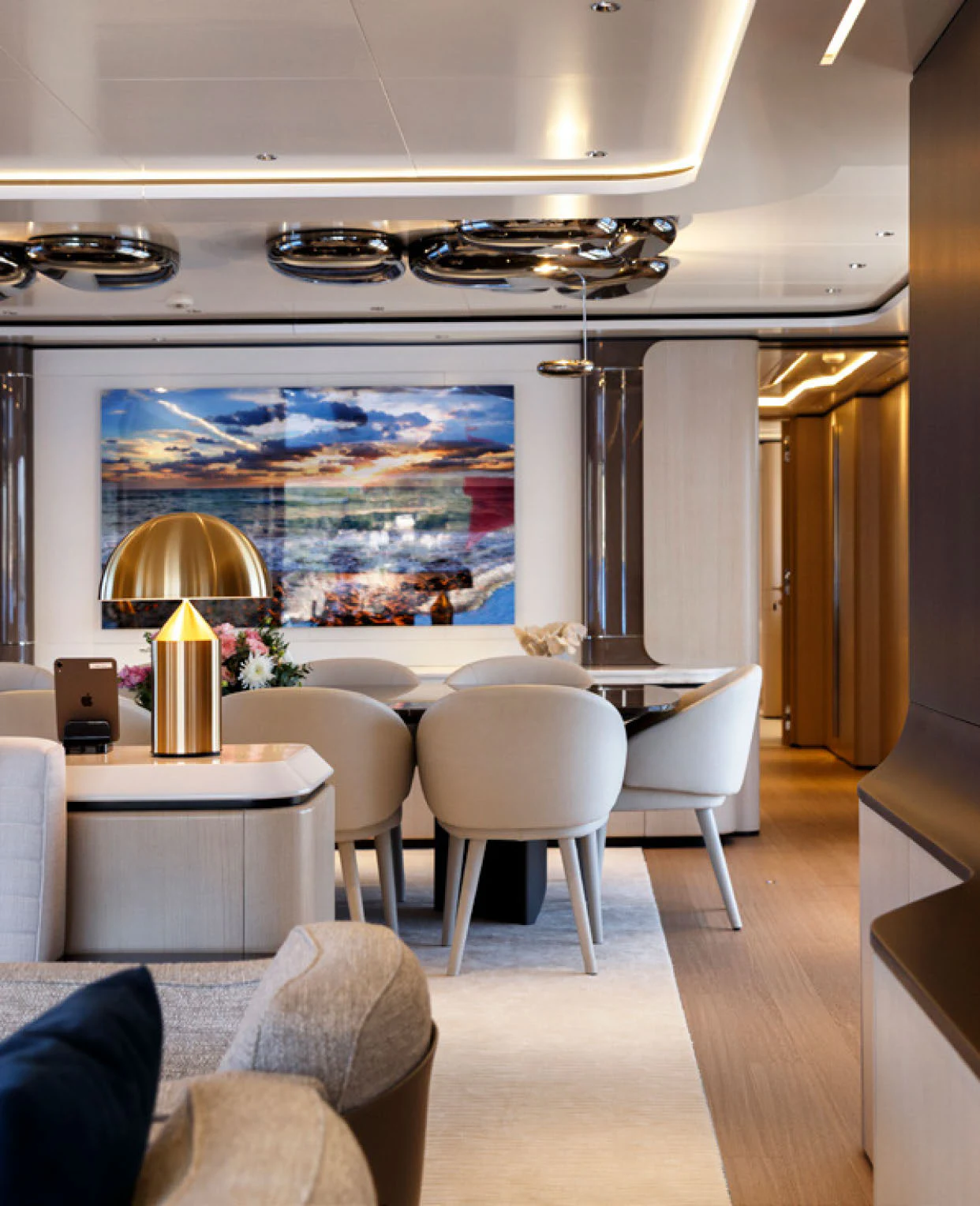 a modern looking kitchen with a large glass display aboard PERLA BIANCA Yacht for Charter