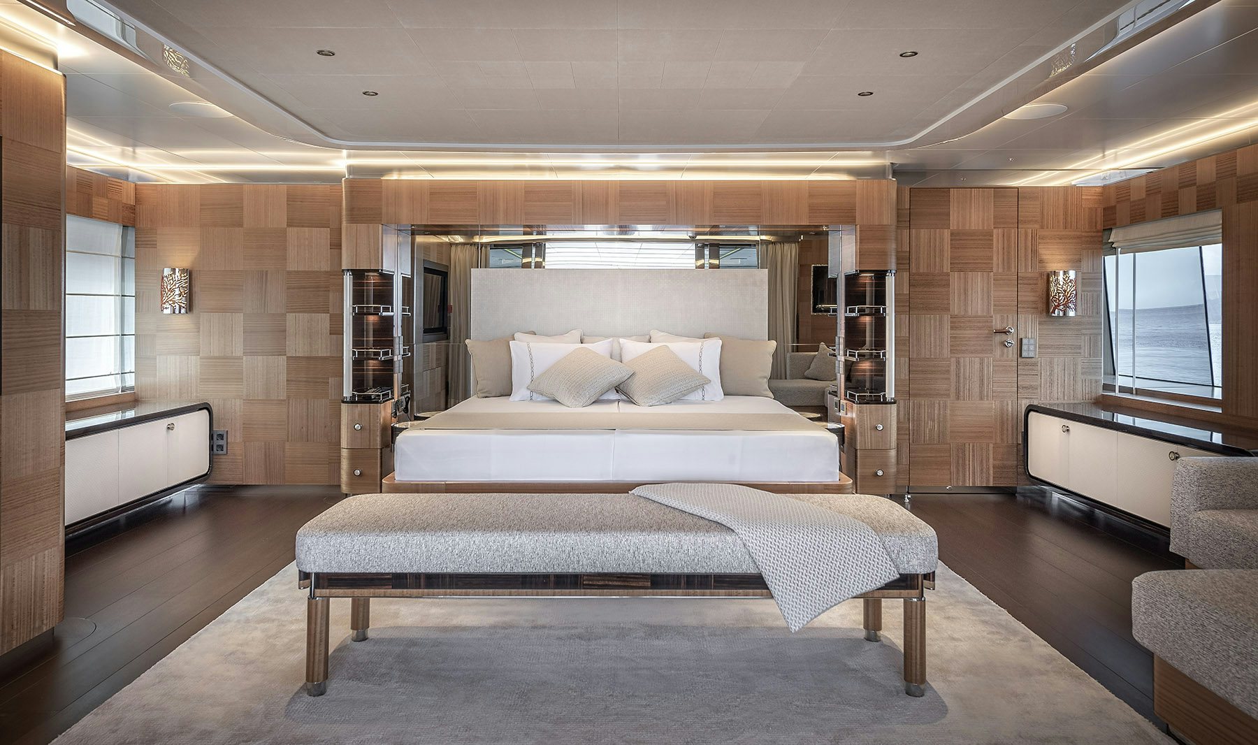 a large bedroom with a bed aboard SUNRISE Yacht for Sale