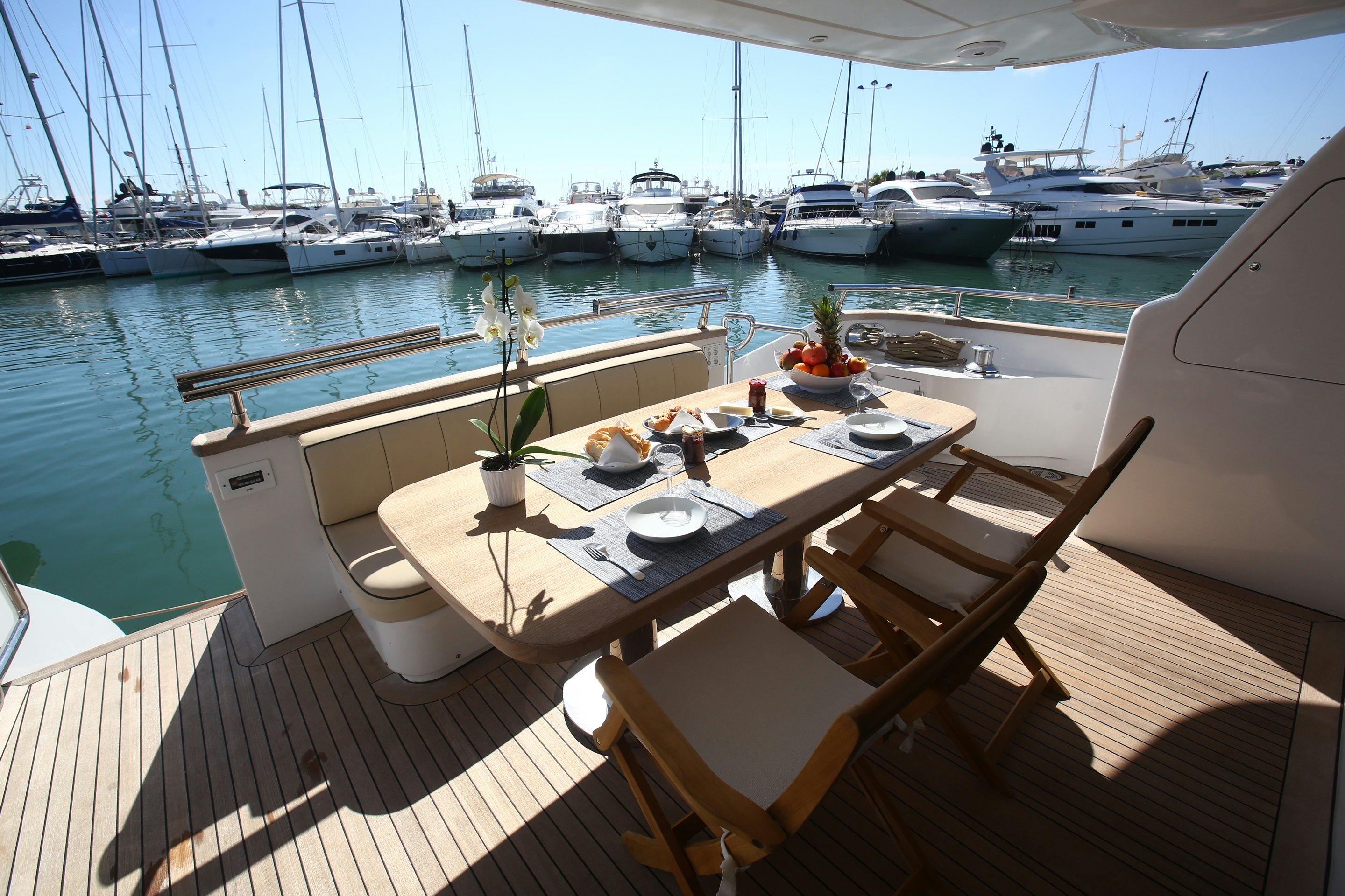 a table with plants on it in front of a body of water with boats in the background aboard YAKOS Yacht for Sale