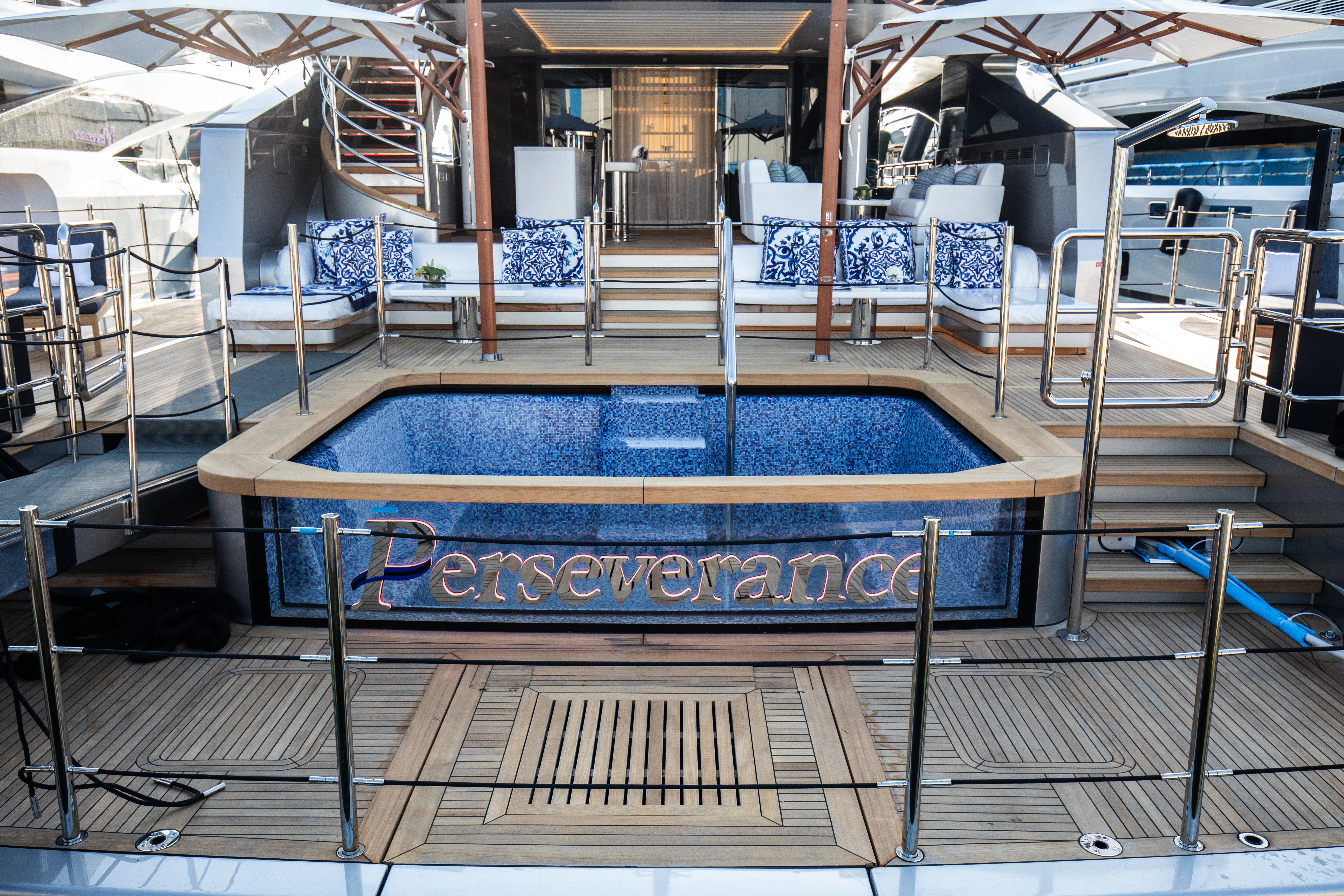 a large indoor swimming pool aboard PERSEVERANCE Yacht for Charter