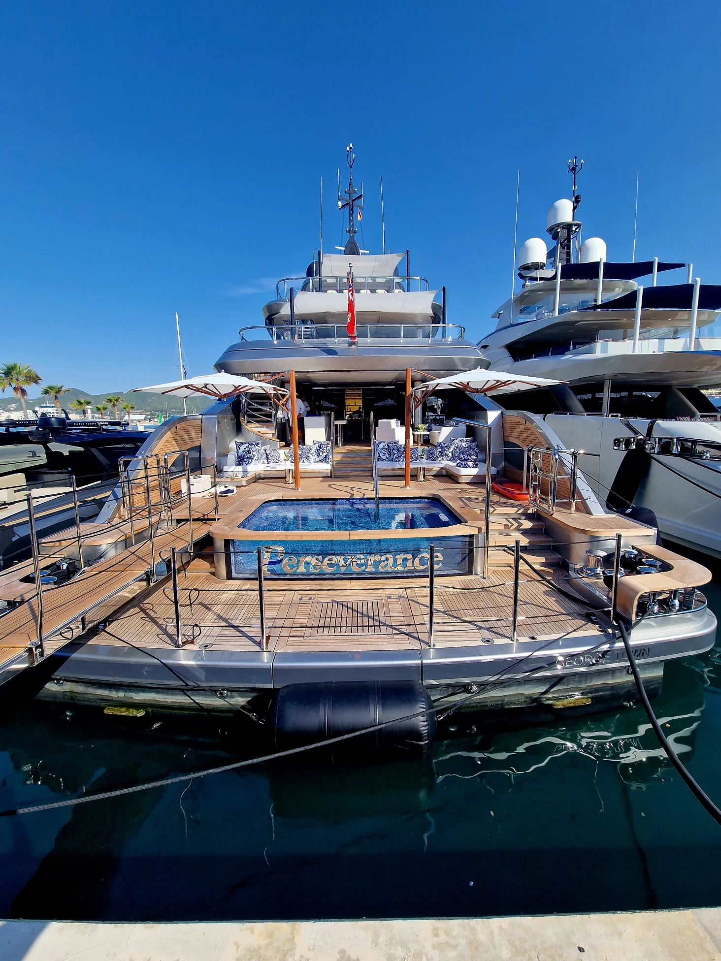 a large ship docked aboard PERSEVERANCE Yacht for Charter