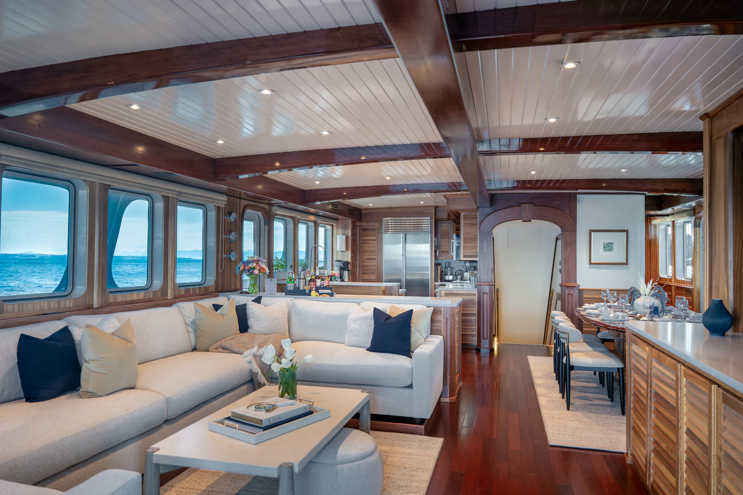a living room with a large open floor plan aboard SURFBIRD Yacht for Charter