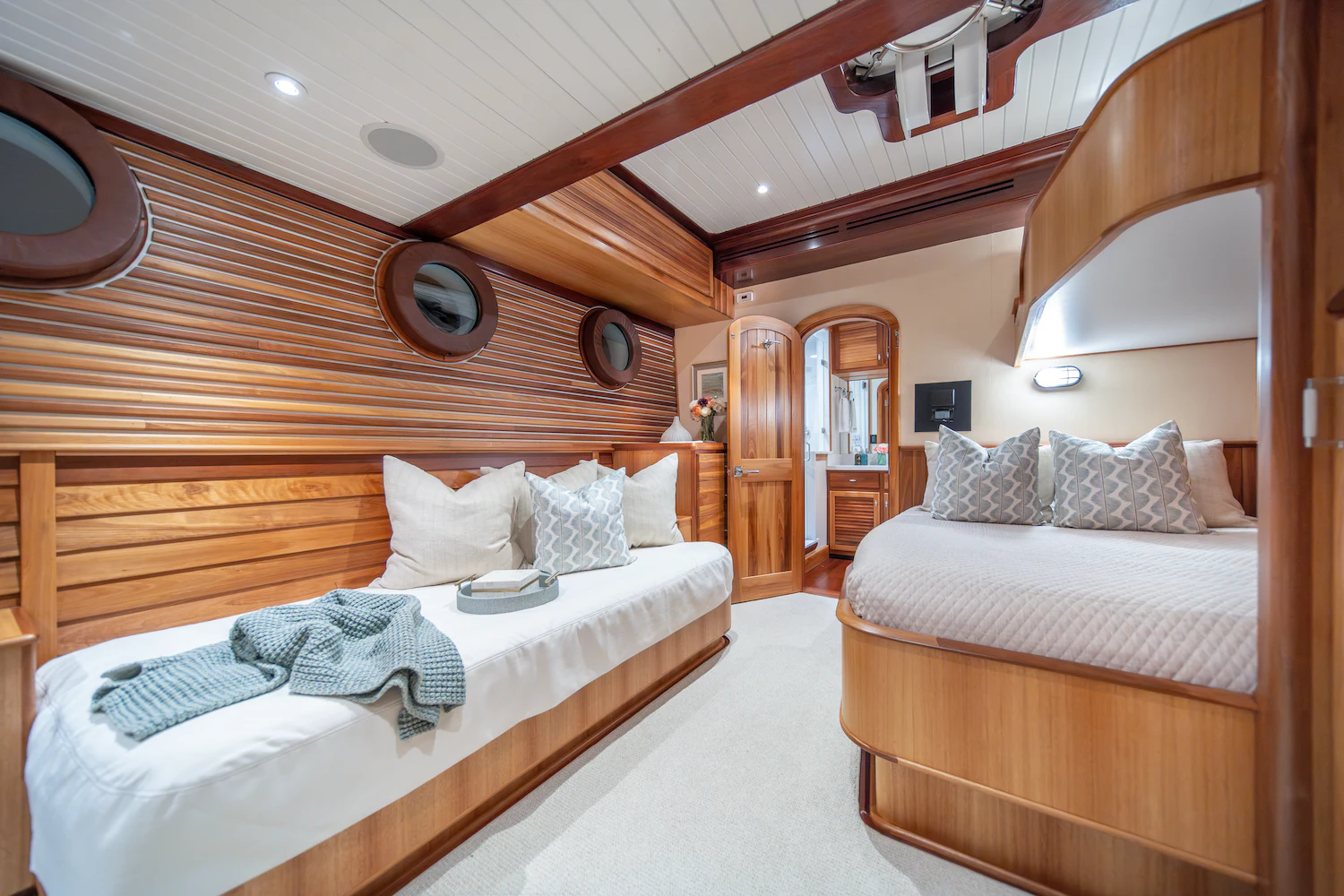 a room with two beds aboard SURFBIRD Yacht for Charter