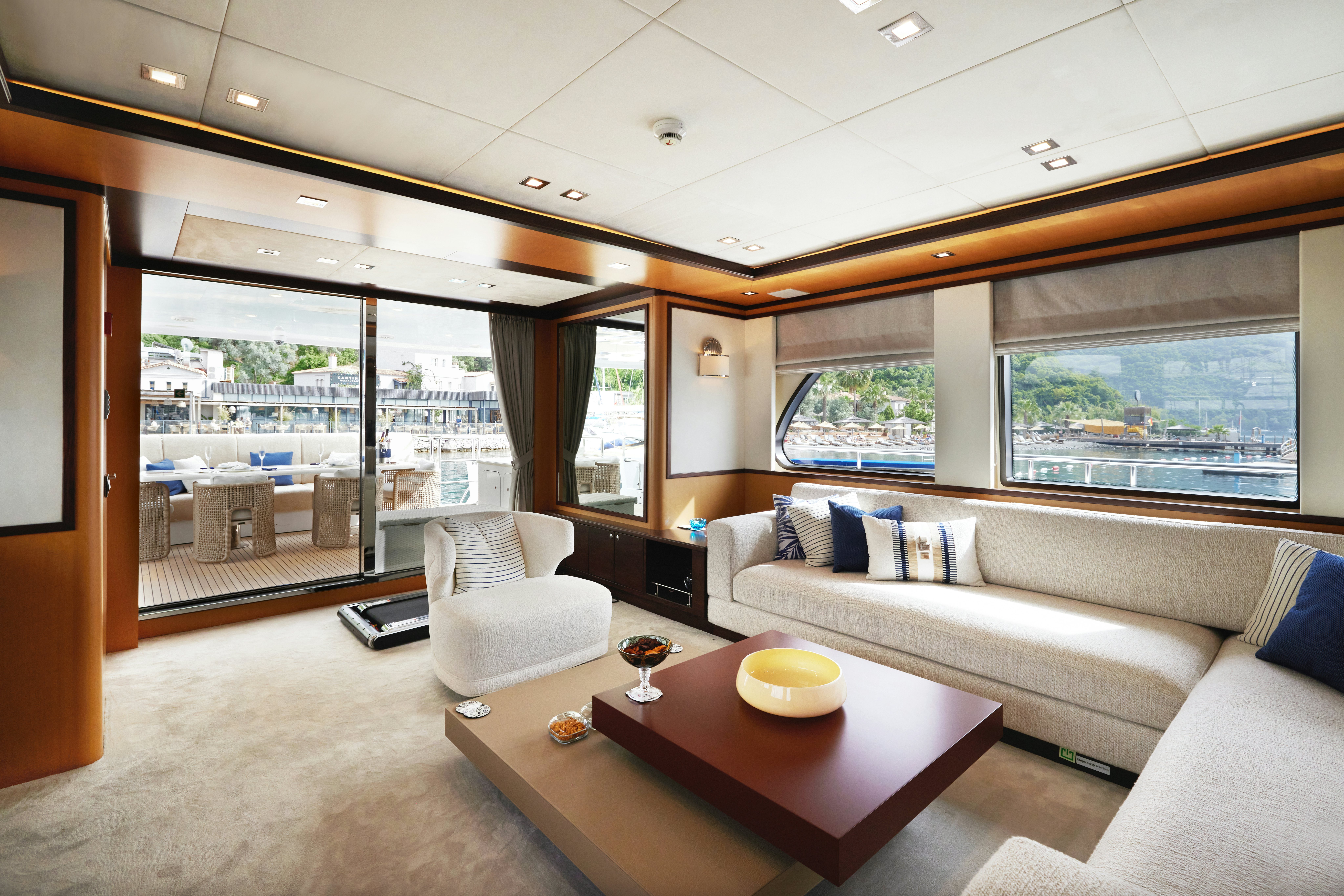 a living room with a large window aboard AYSHA Yacht for Sale