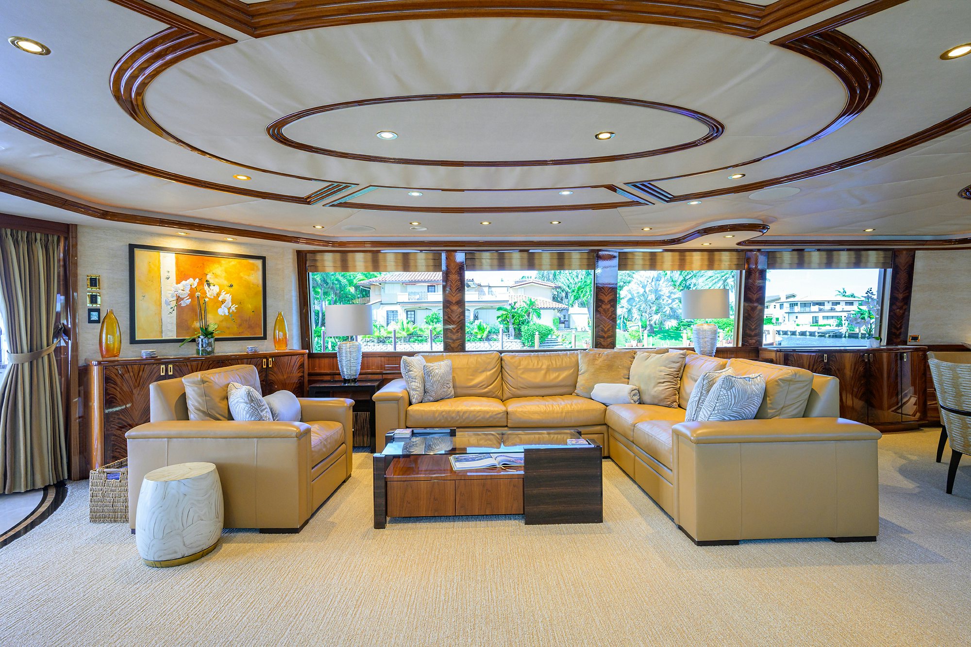 a living room with a large ceiling aboard REMY ROO Yacht for Sale