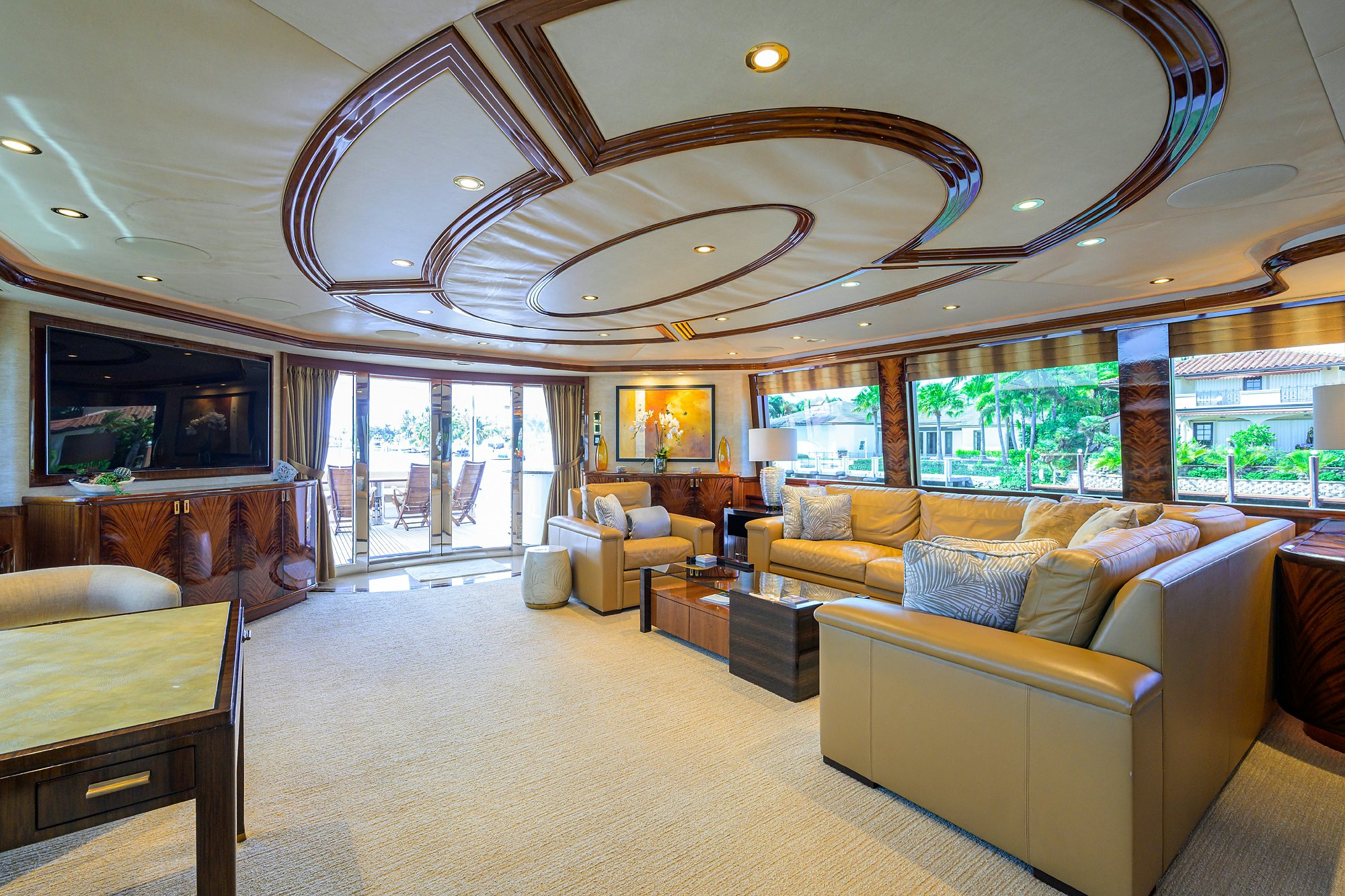 a living room with a large ceiling aboard REMY ROO Yacht for Sale