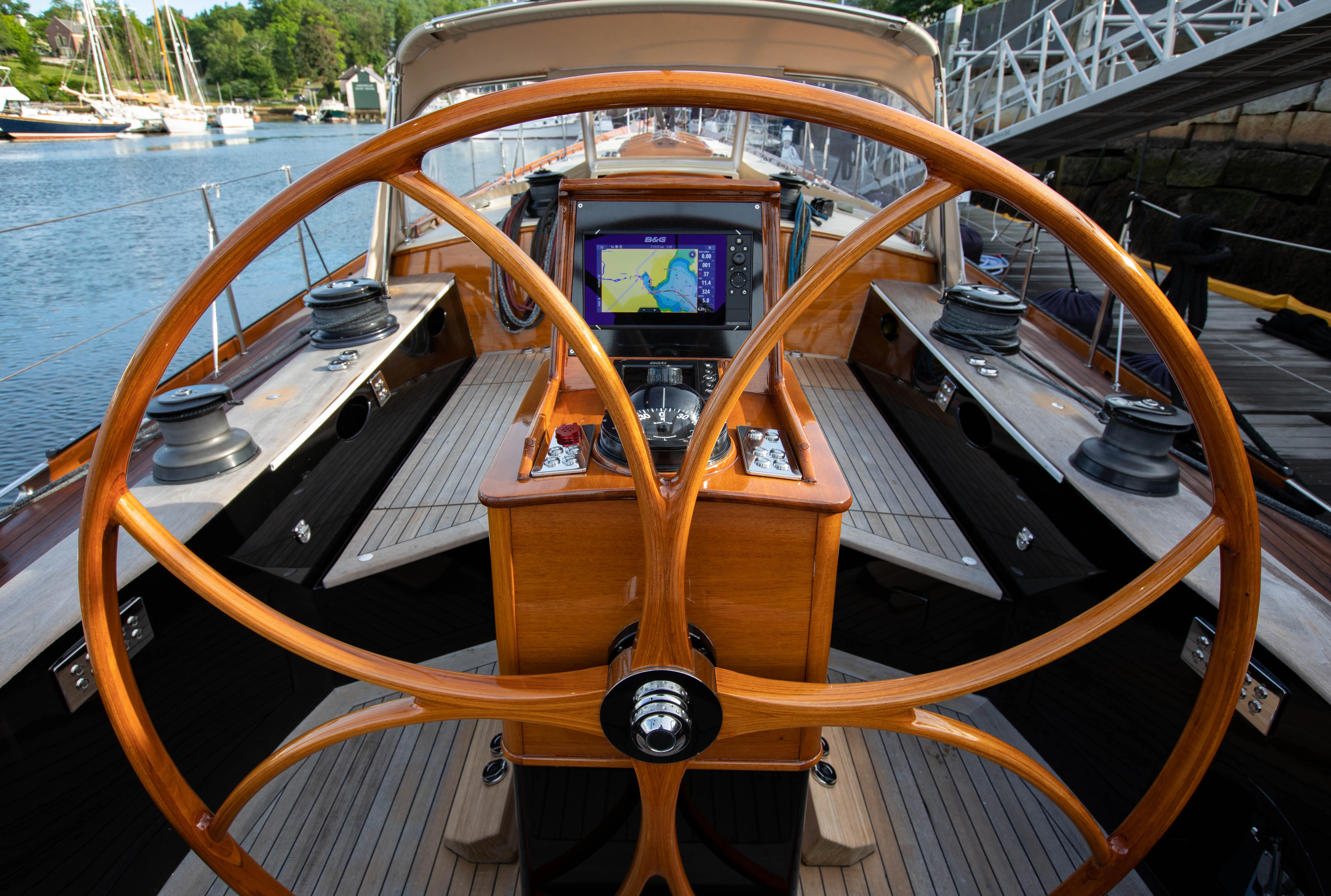 a steering wheel on a boat aboard FALCON Yacht for Sale