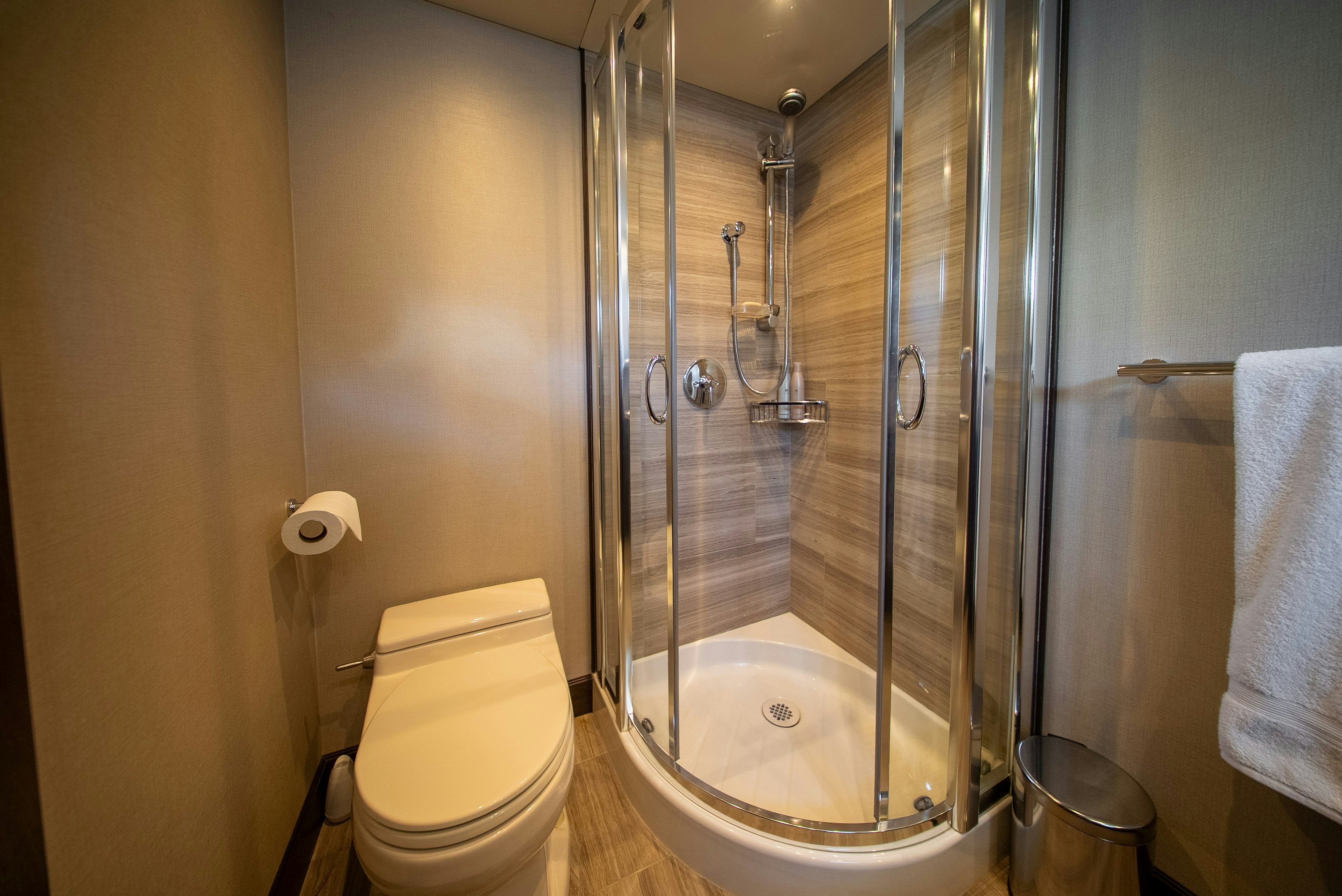 a shower unit in a bathroom aboard ENCORE Yacht for Sale