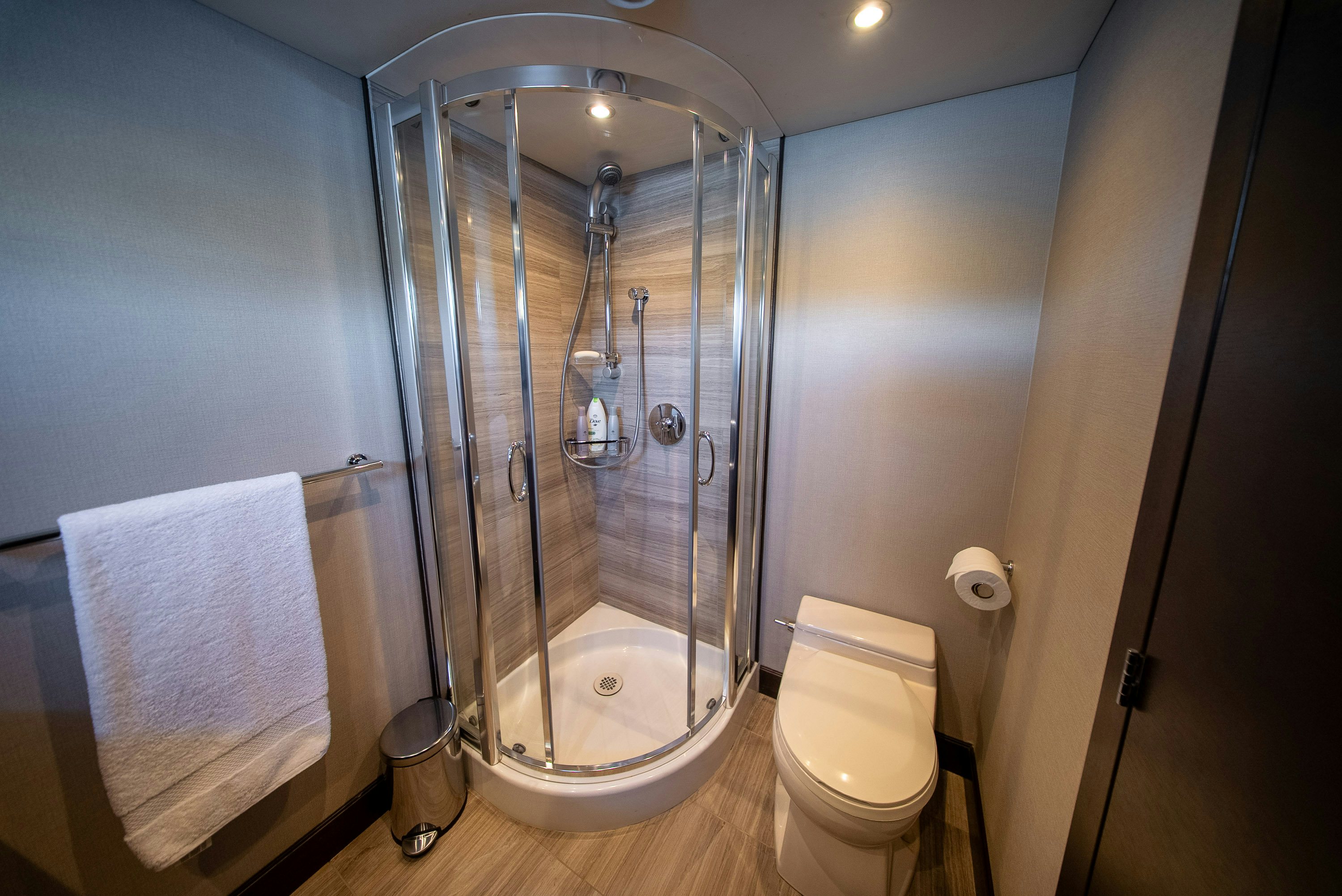 a shower unit in a bathroom aboard ENCORE Yacht for Sale