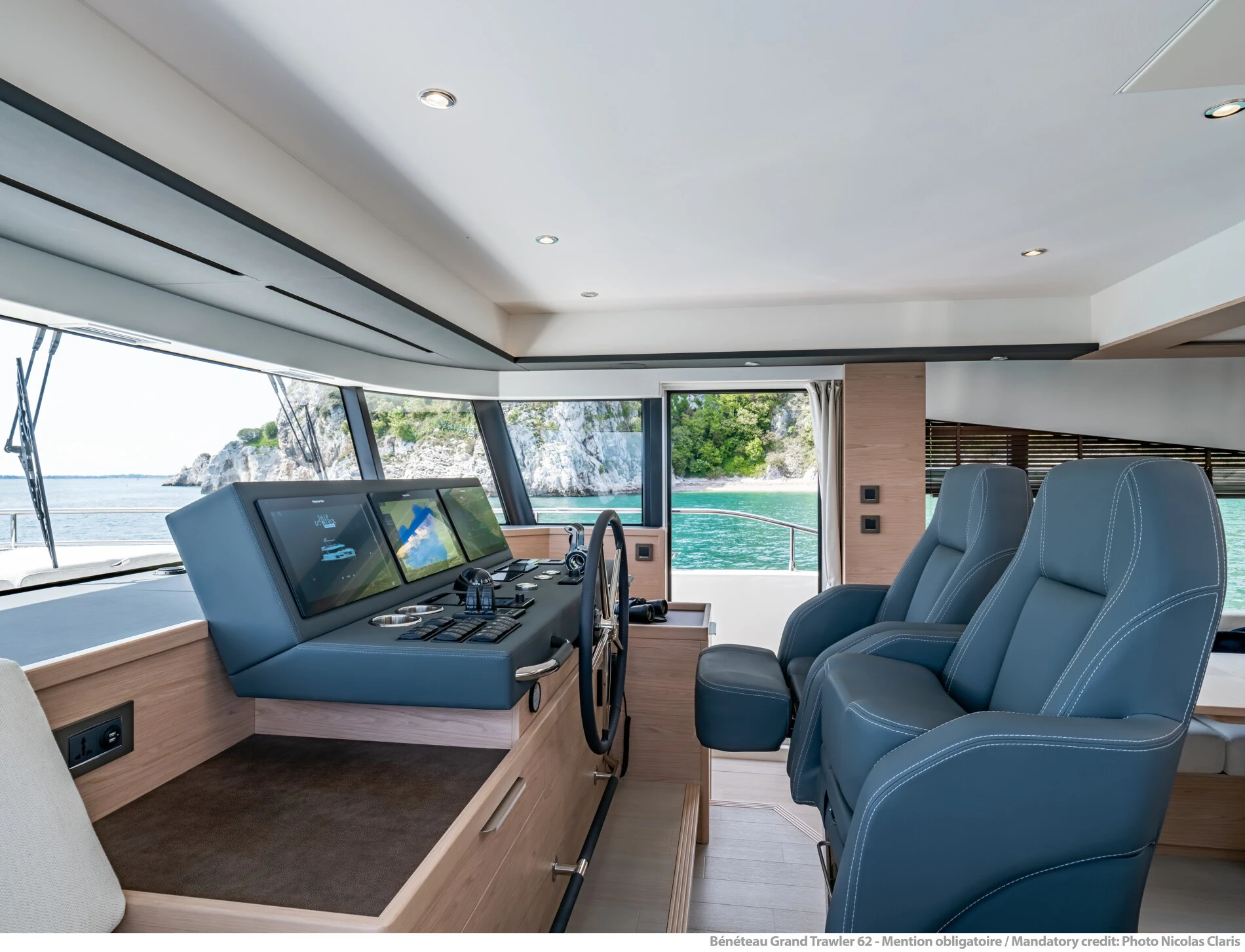 inside of a vehicle with a large window and a large screen aboard ABIDE AWHILE Yacht for Sale