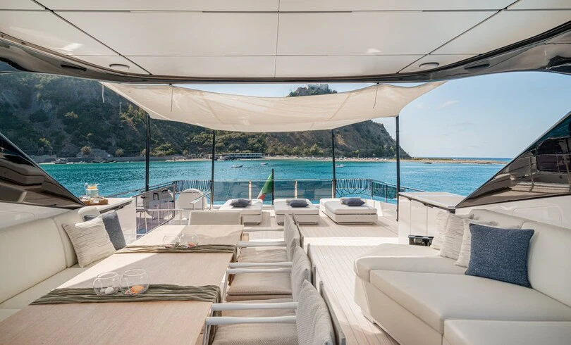 a lounge area on a boat aboard TRILOGY Yacht for Charter