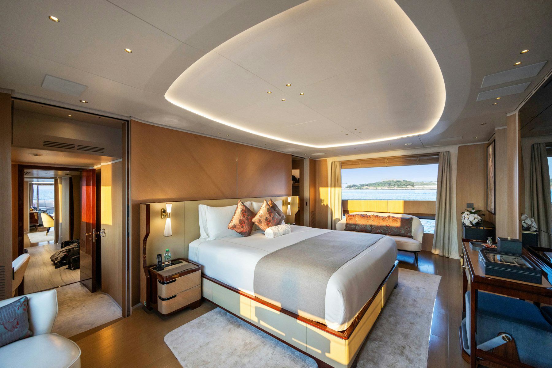 a large bedroom with a large bed aboard BELLA VITA Yacht for Sale
