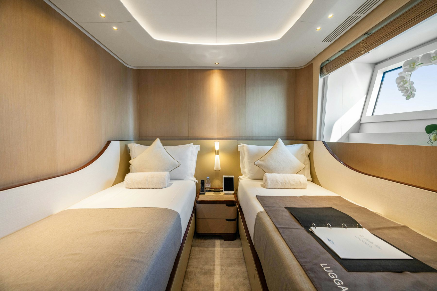 a room with two beds aboard BELLA VITA Yacht for Sale