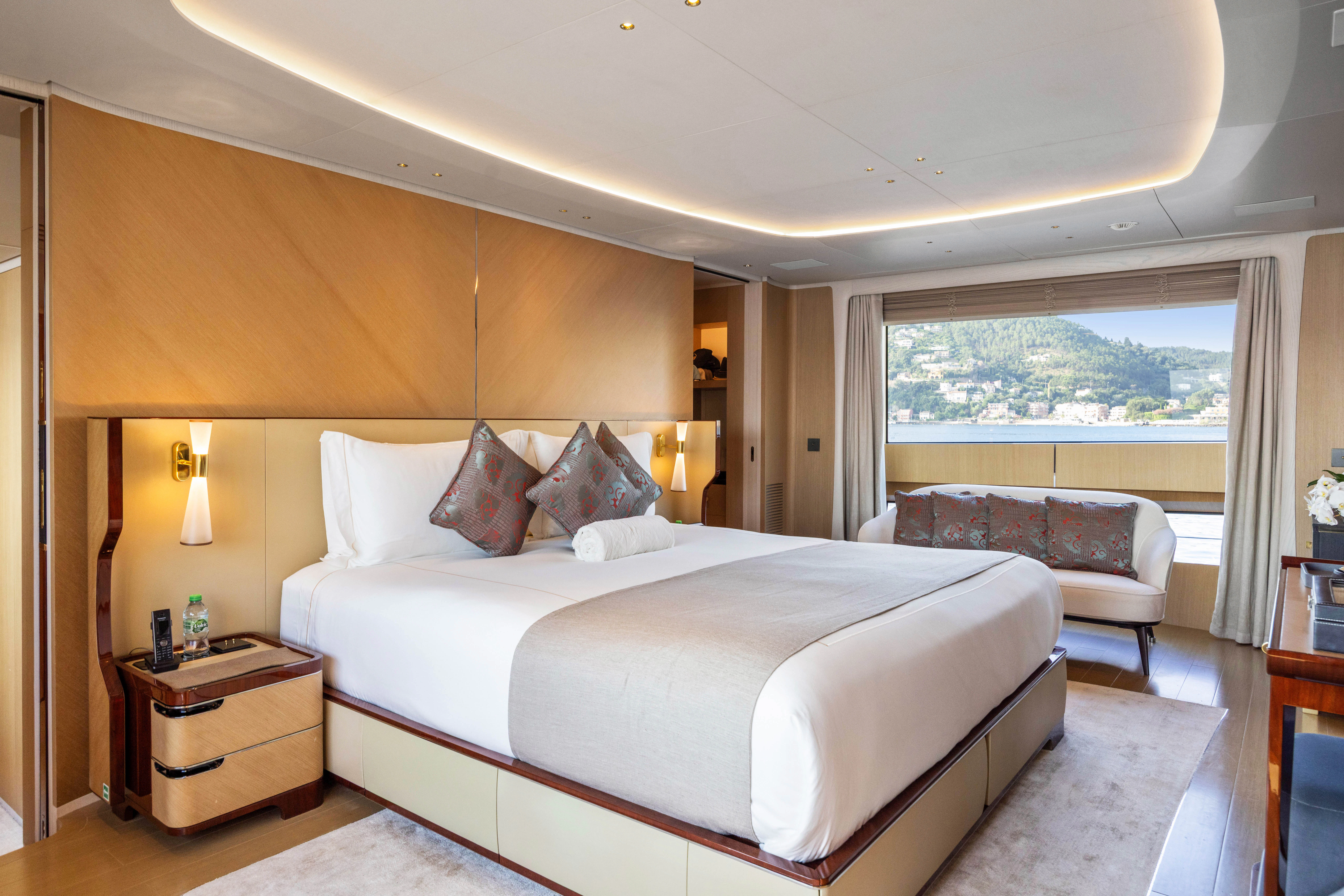 a bed in a hotel room aboard TRAMONTO Yacht for Charter