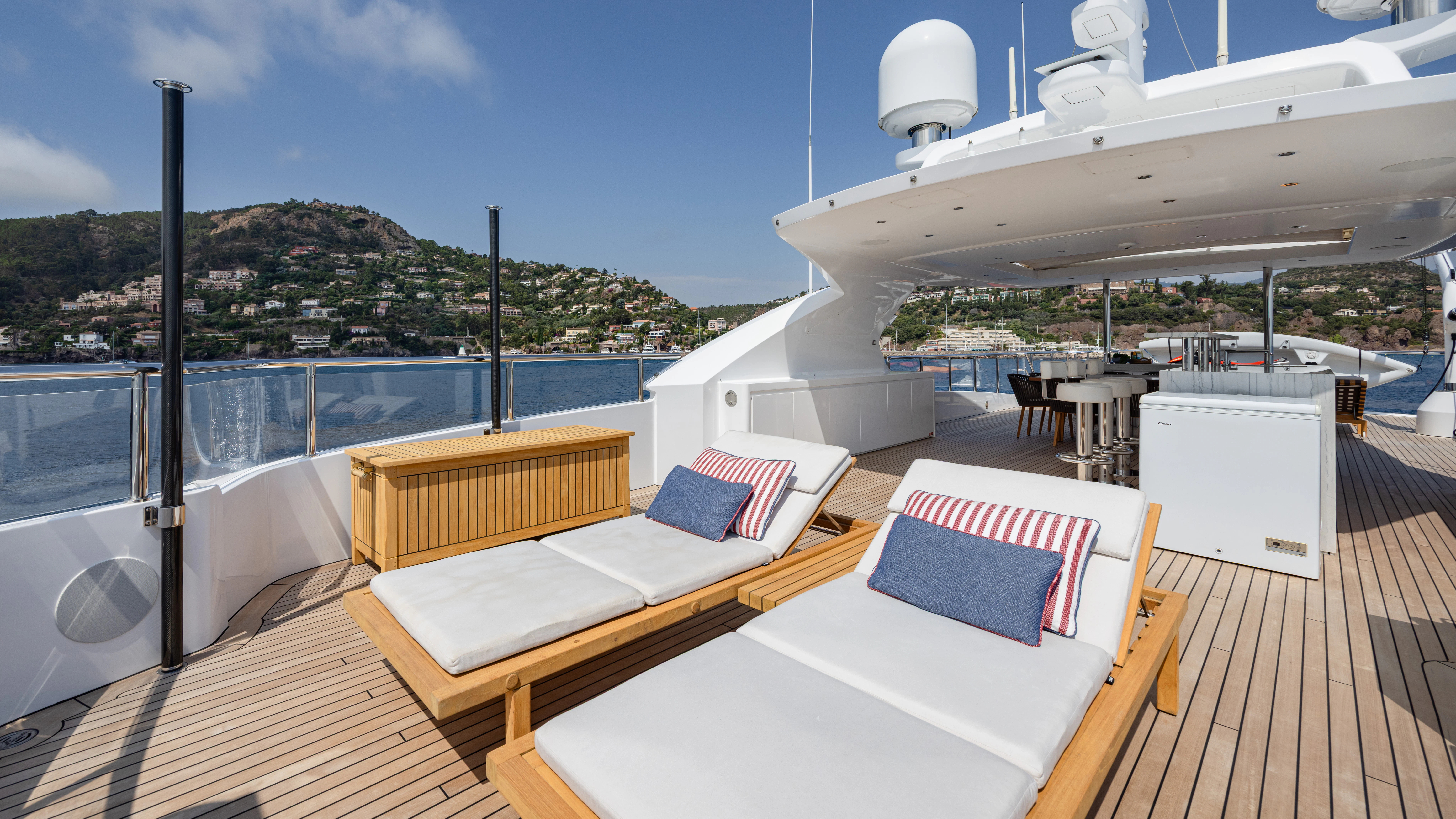 a deck with a large ship aboard TRAMONTO Yacht for Charter