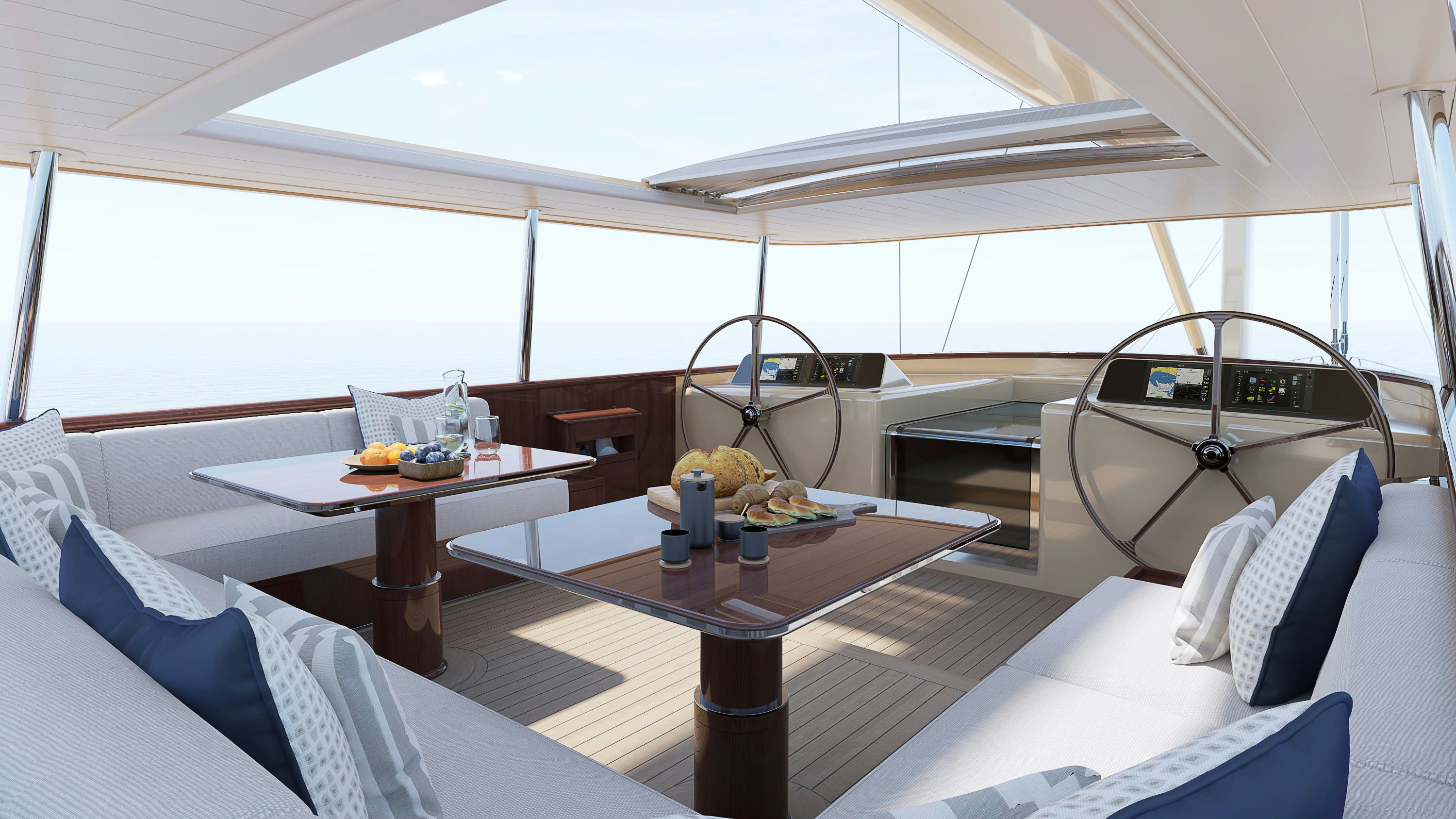 a room with a table and a bed aboard SIMENA Yacht for Sale