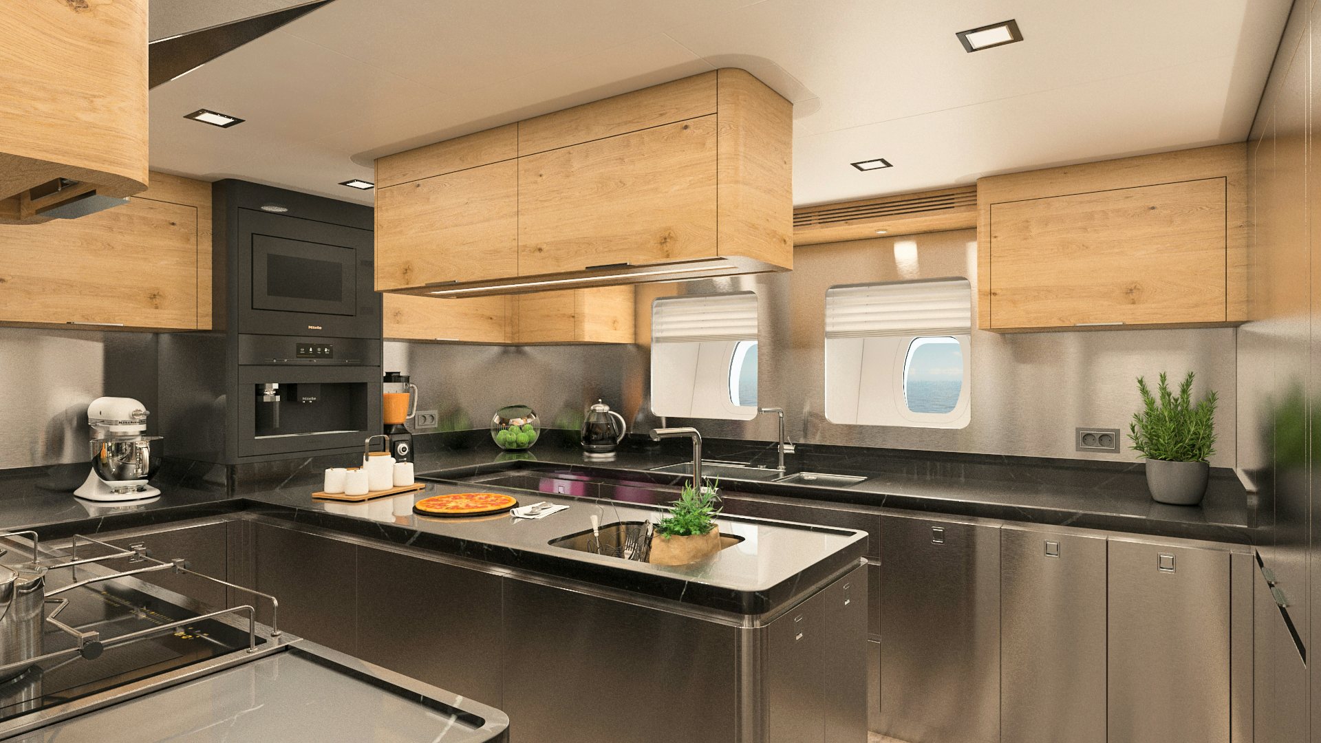 a kitchen with a large island aboard SIMENA Yacht for Sale