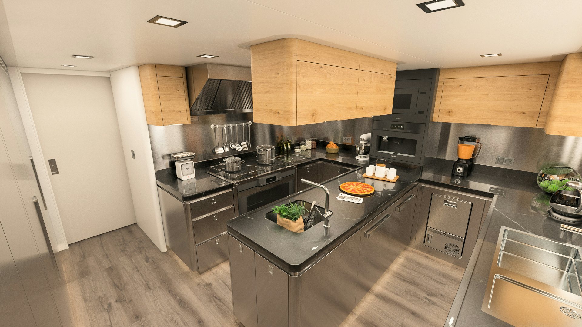 a kitchen with black appliances aboard SIMENA Yacht for Sale