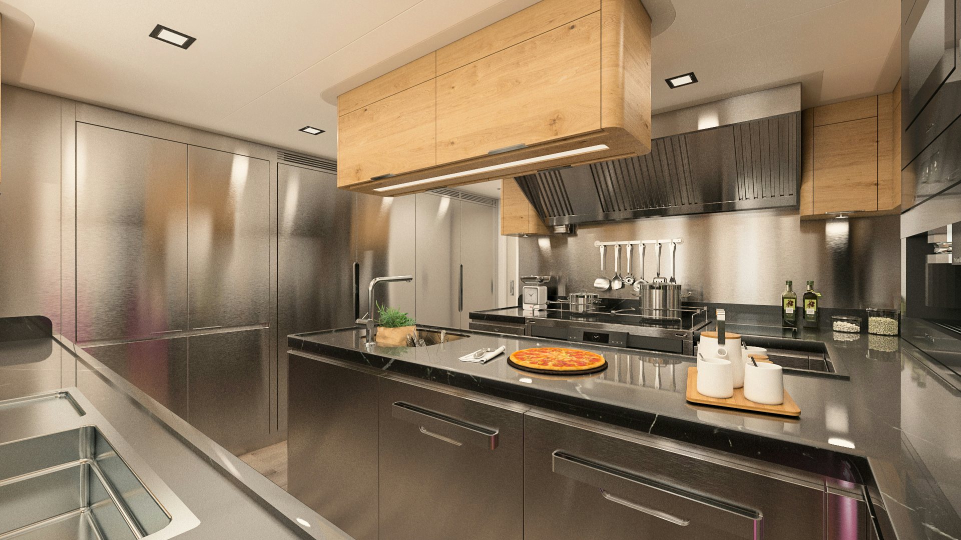 a kitchen with a stove and oven aboard SIMENA Yacht for Sale