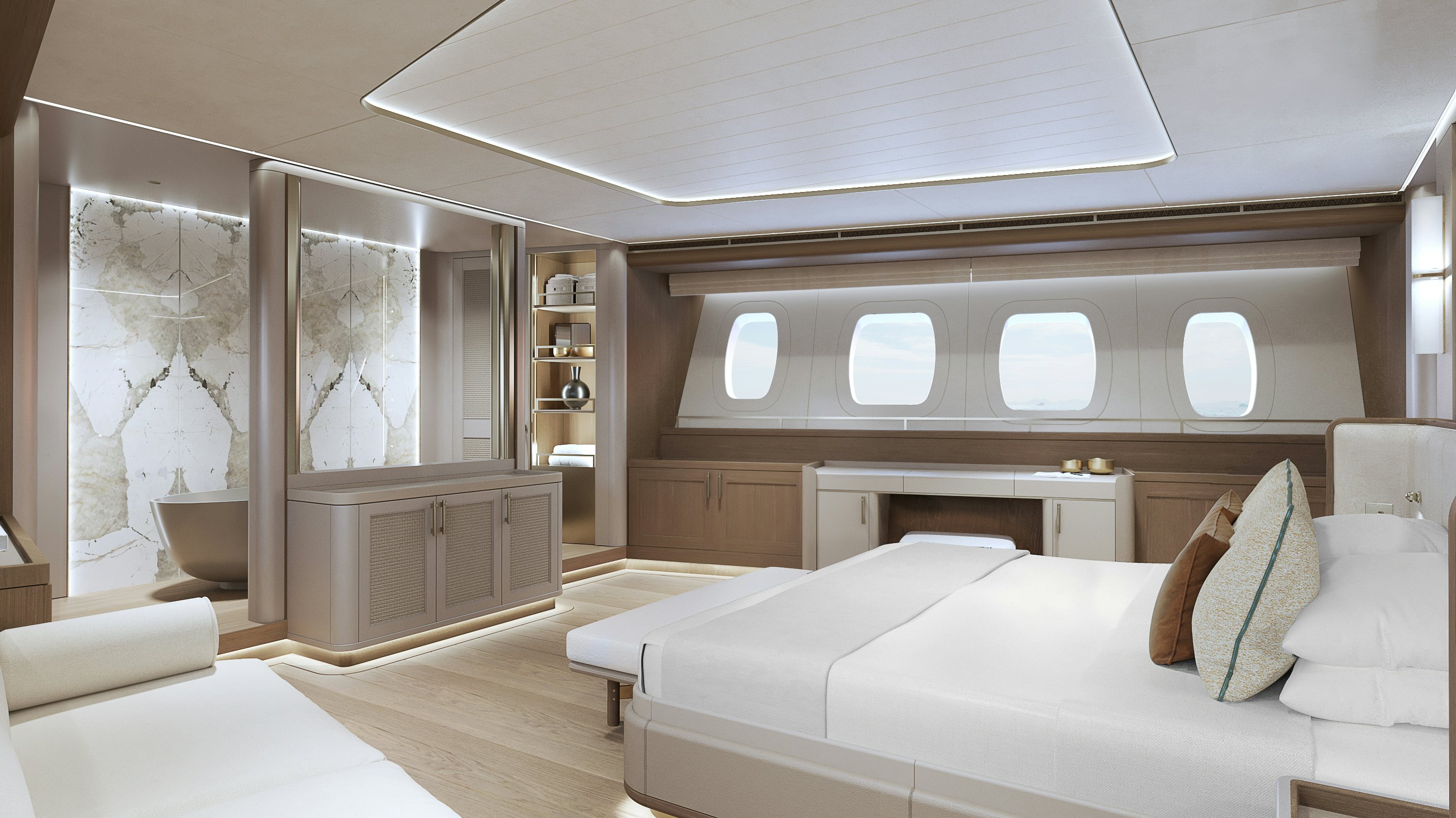 a room with a bed and a desk aboard SIMENA Yacht for Sale
