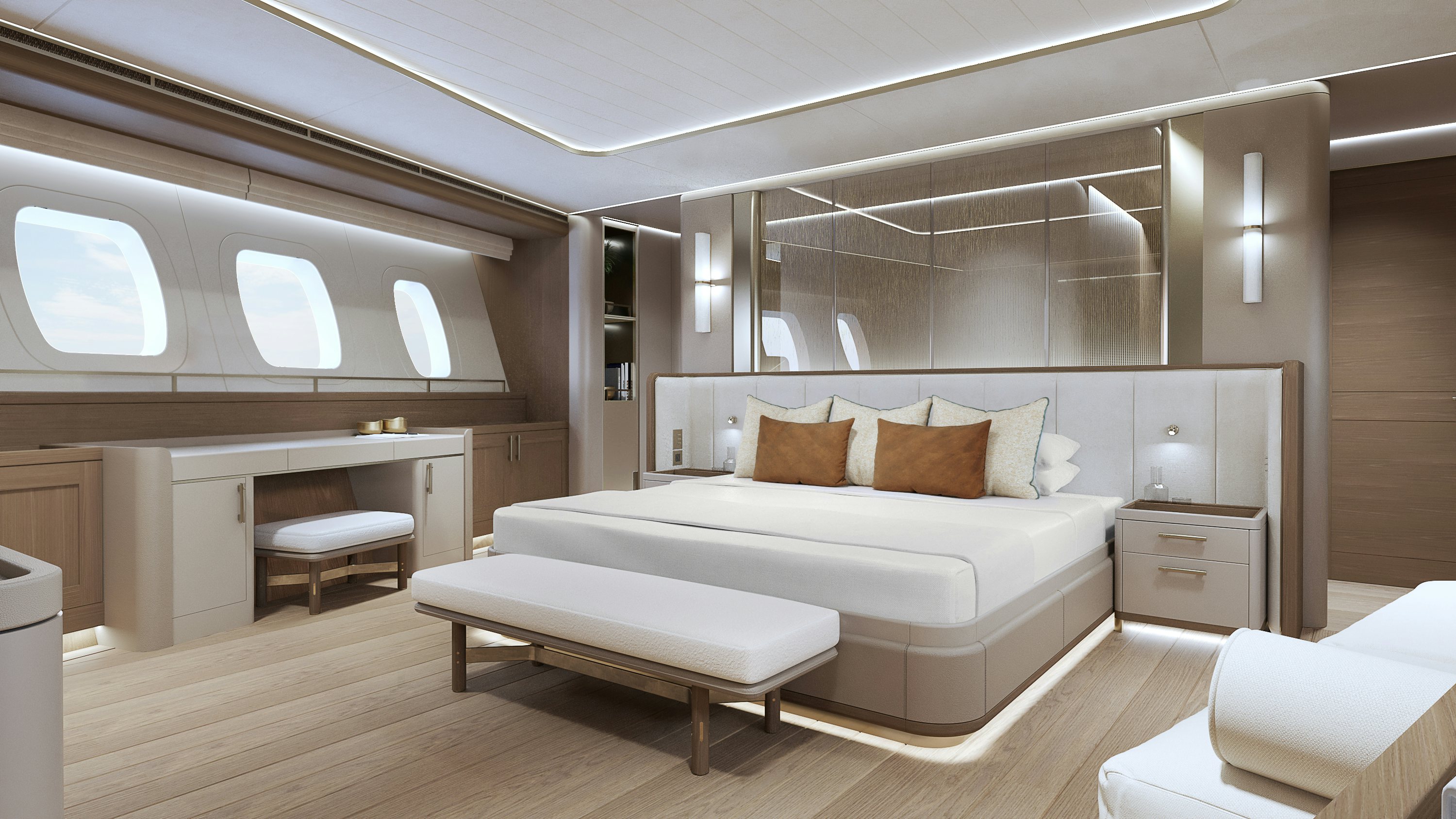 a large bed in a room aboard SIMENA Yacht for Sale