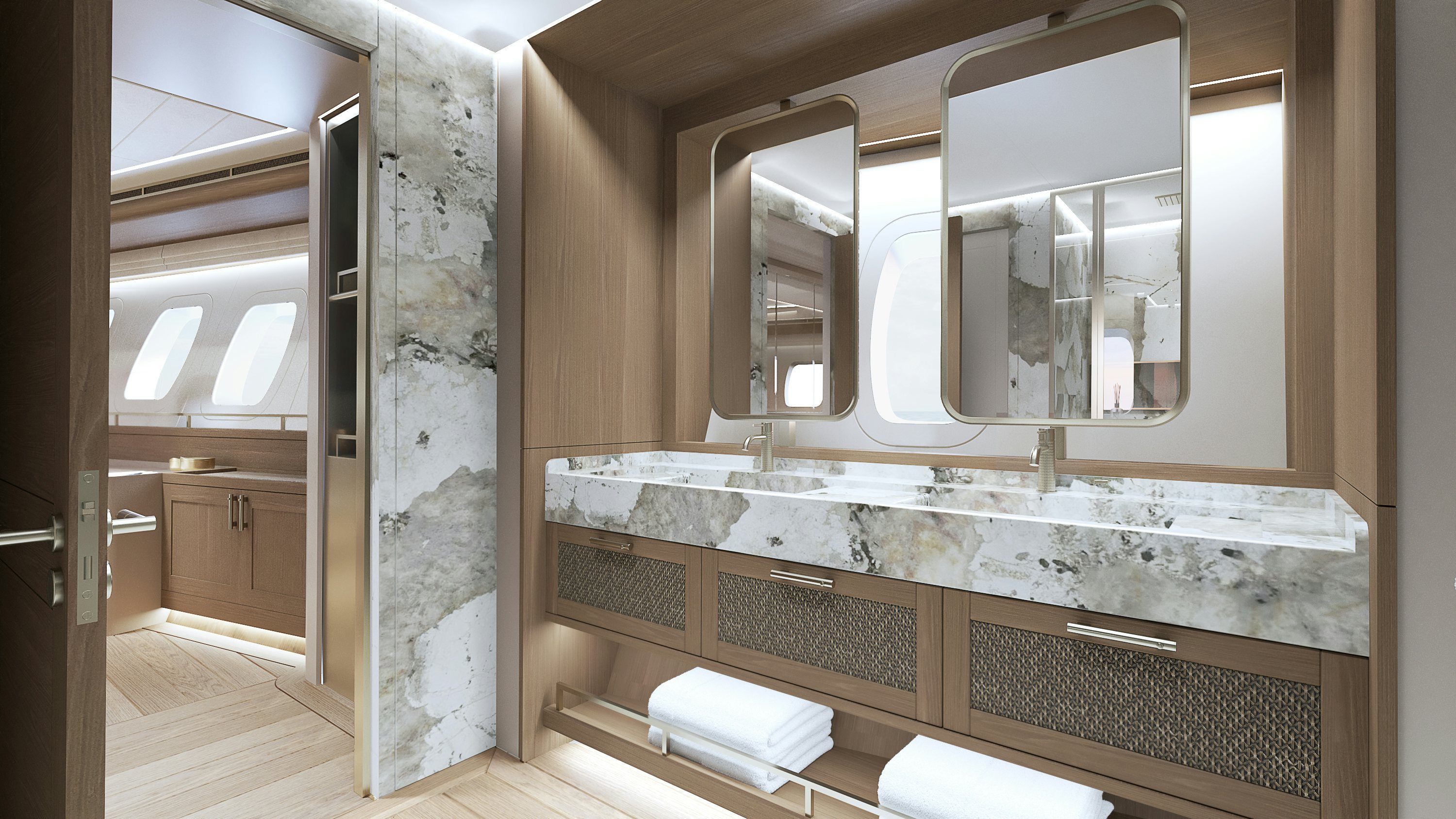 a bathroom with a large mirror aboard SIMENA Yacht for Sale