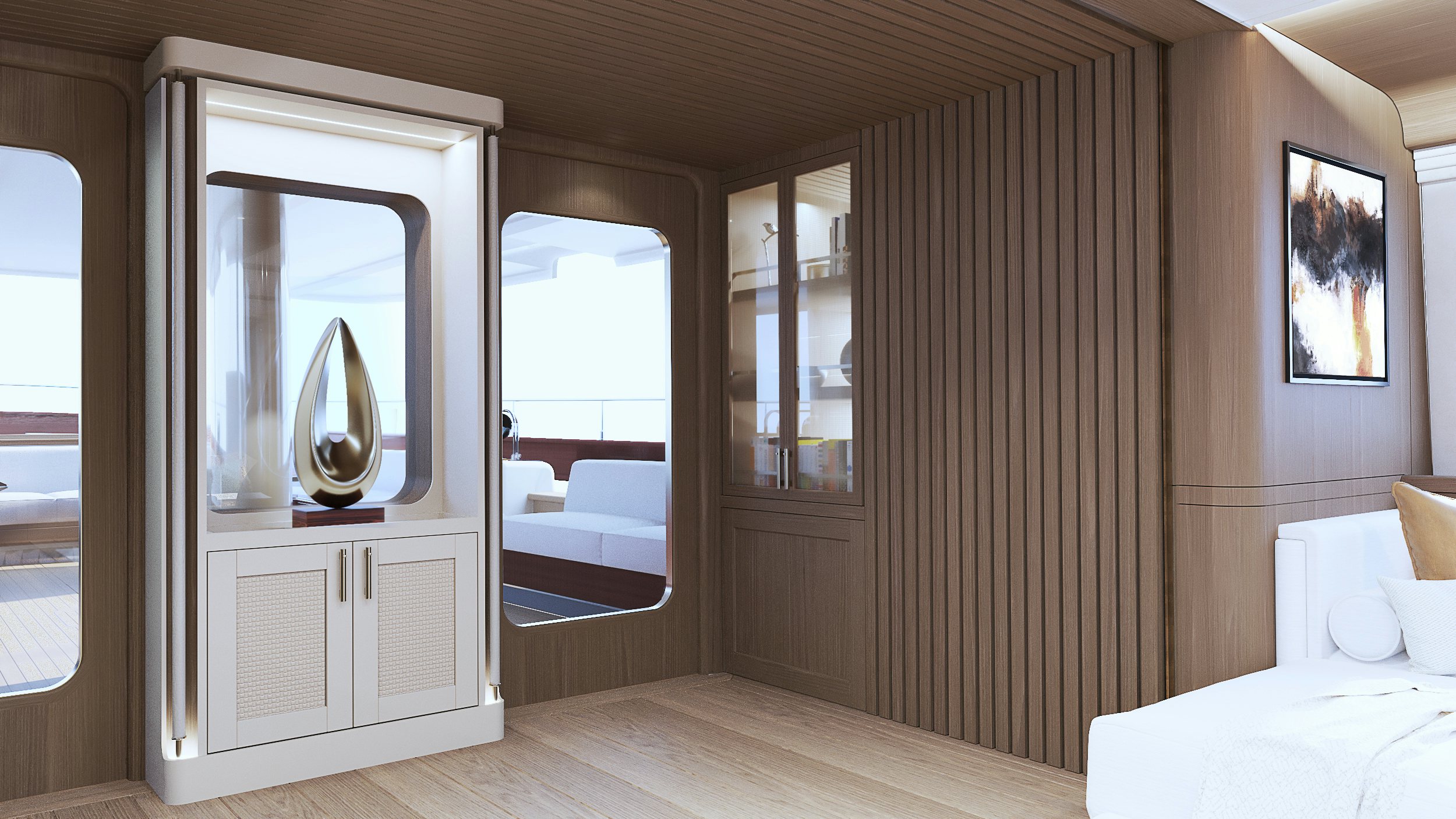 a room with a mirror and a bed aboard SIMENA Yacht for Sale