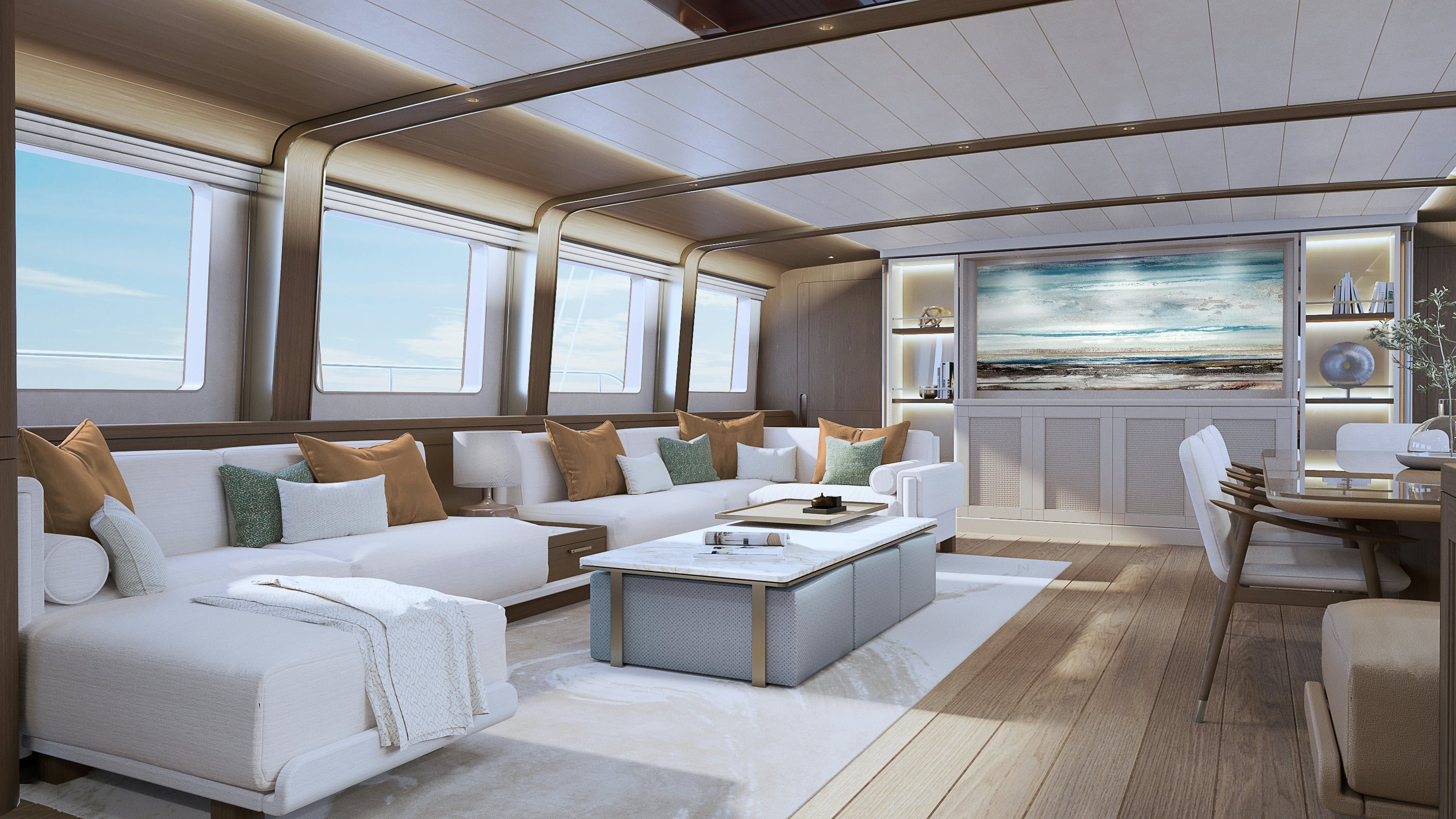 a modern living room with a large white bed and a large screen aboard SIMENA Yacht for Sale